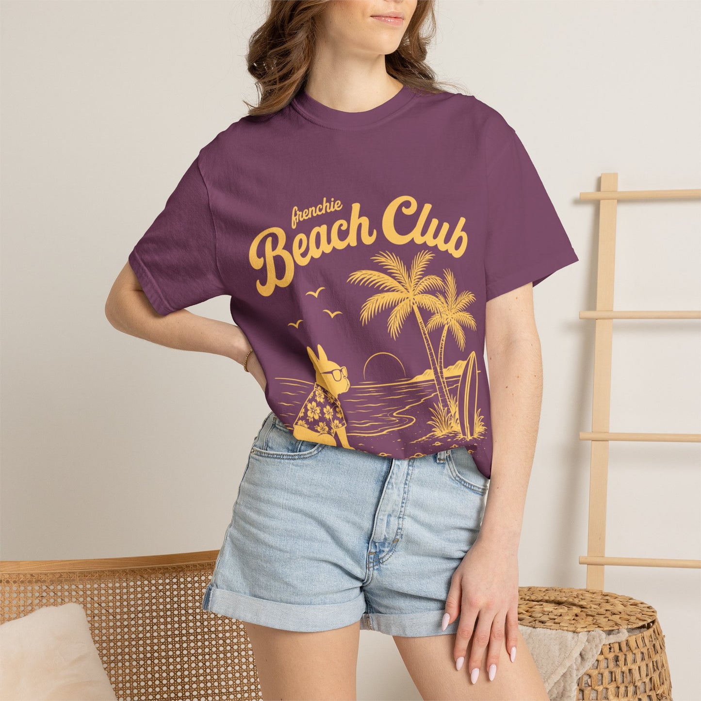 Frenchie Beach Club T-Shirt — Cute French Bulldog Surfing Palm Beach Tee