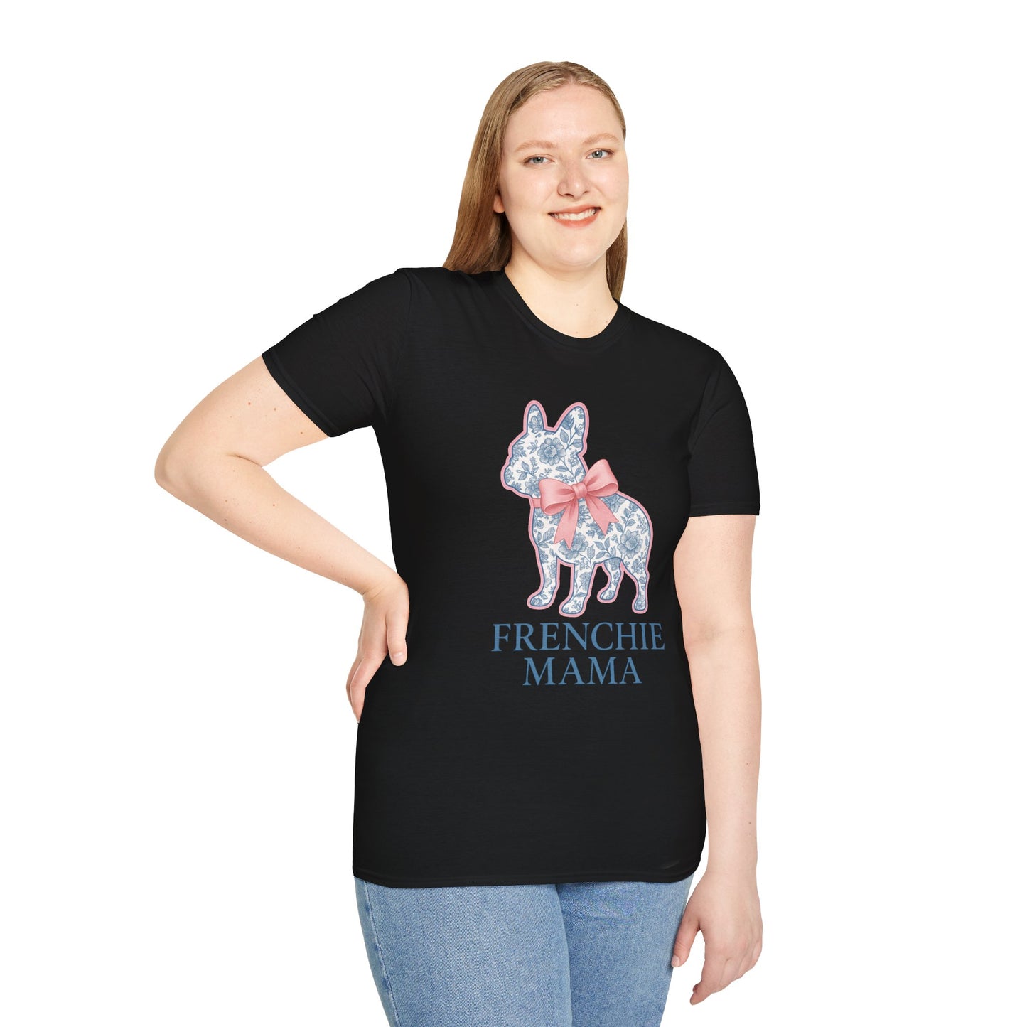 Frenchie Mama Shirt – Floral French Bulldog Silhouette Tee with Pink Bow, Dog Mom Gift, Cute Frenchie Lover T-Shirt, Pastel Dog Mom Apparel