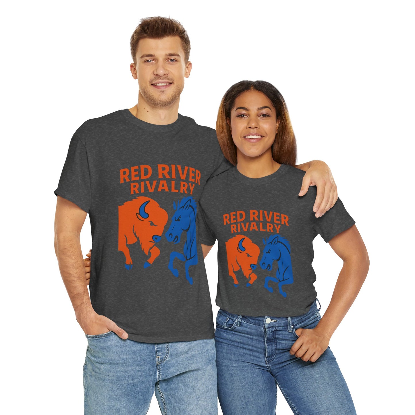 Red River Rivalry T-Shirt – Oklahoma vs Texas-Inspired Tee, Bison and Mustang Game Day Shirt, Blue and Orange Sports Rivalry Graphic