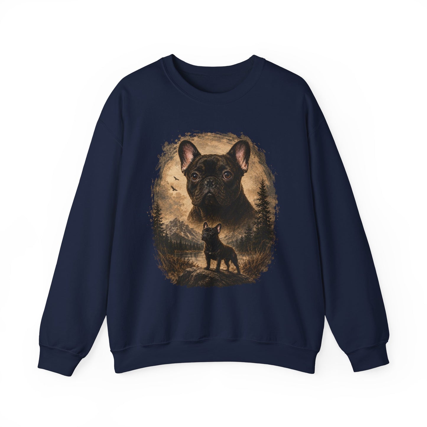 Black French Bulldog Sweatshirt, Rustic Frenchie Crewneck, Vintage Nature French Bulldog Sweatshirt, Dog Lover Gift, Black Frenchie Pullover, Camping Sweatshirt, Cozy Dog Apparel