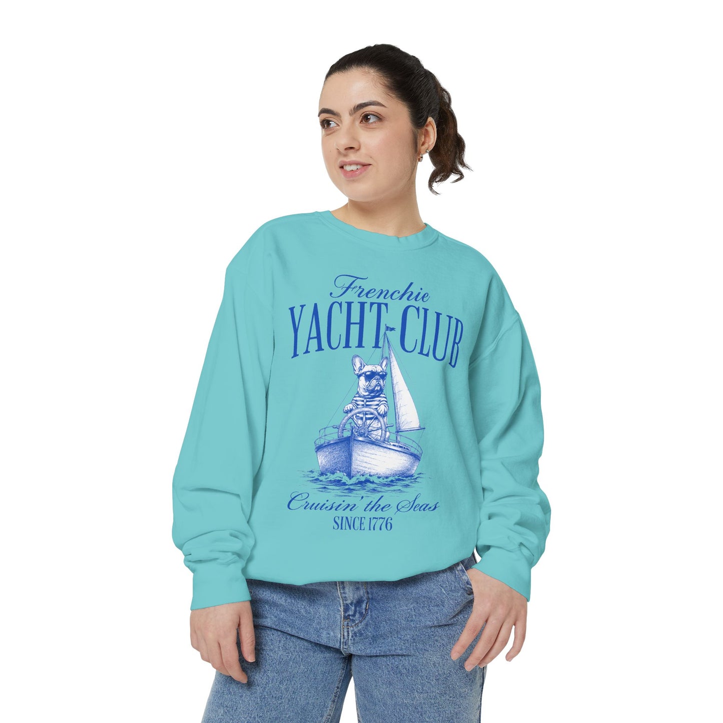 Frenchie Yacht Club Sweatshirt, French Bulldog Nautical Crewneck, Coastal Dog Lover Sweatshirt, Sailing Frenchie Pullover, Beach Club French Bulldog Gift, Preppy Yacht Club Sweatshirt