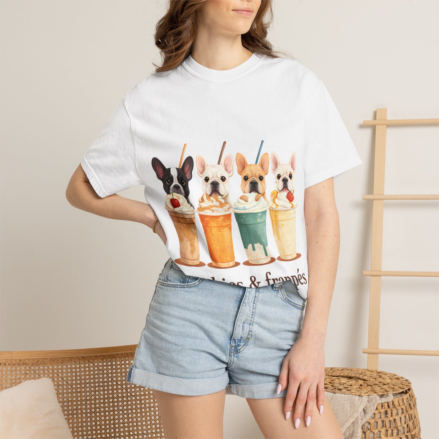 Frenchies & Frappés Shirt, French Bulldog Coffee Shirt, Cute Frenchie Café Tee, Coffee Lover Dog Shirt, Dog Mom Gift, French Bulldog Graphic Tee