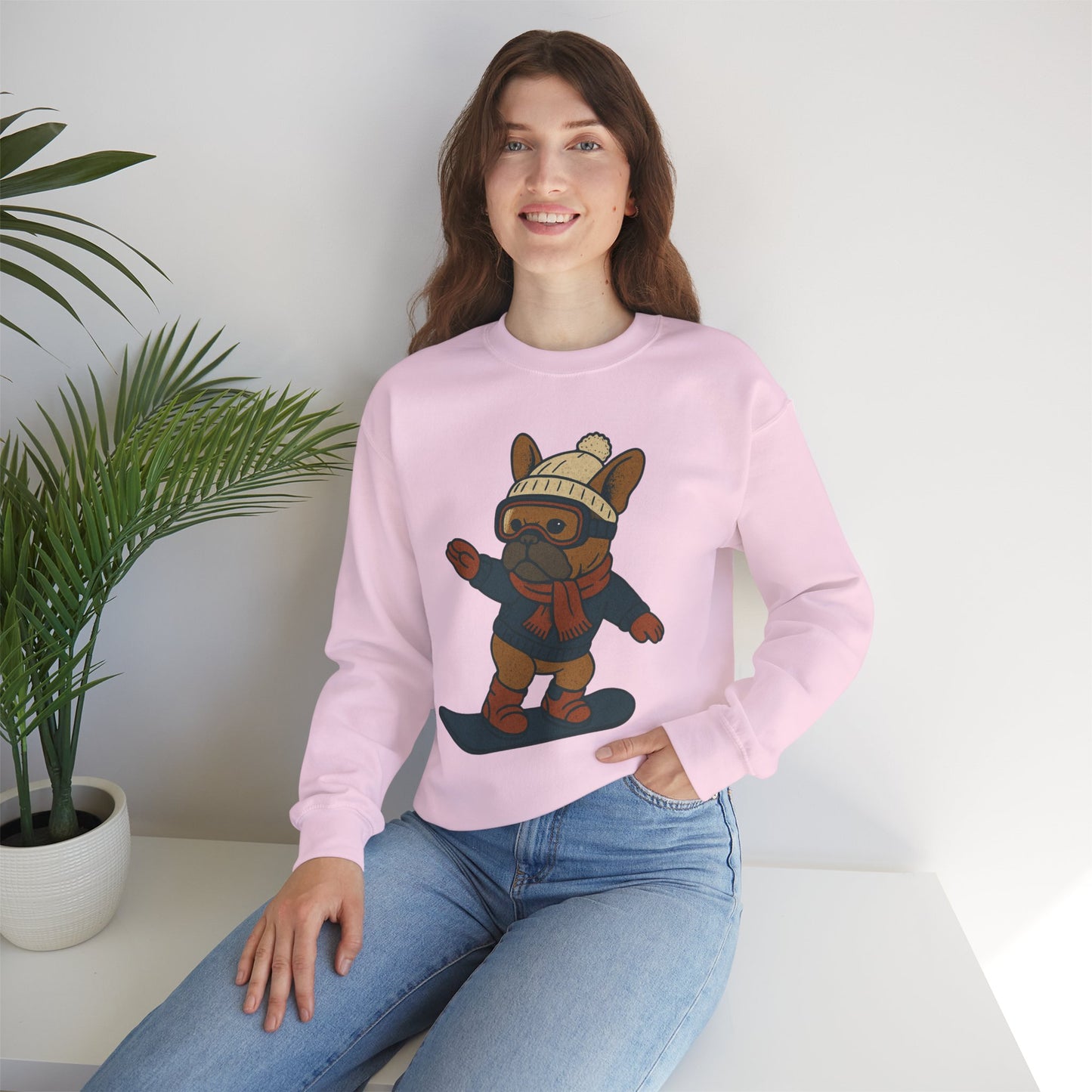 Snowboarding Frenchie Sweatshirt – Cute French Bulldog Winter Sweater, Snowboard Dog Pullover, Cozy Holiday Ski Dog Crewneck, Frenchie Lover Gift