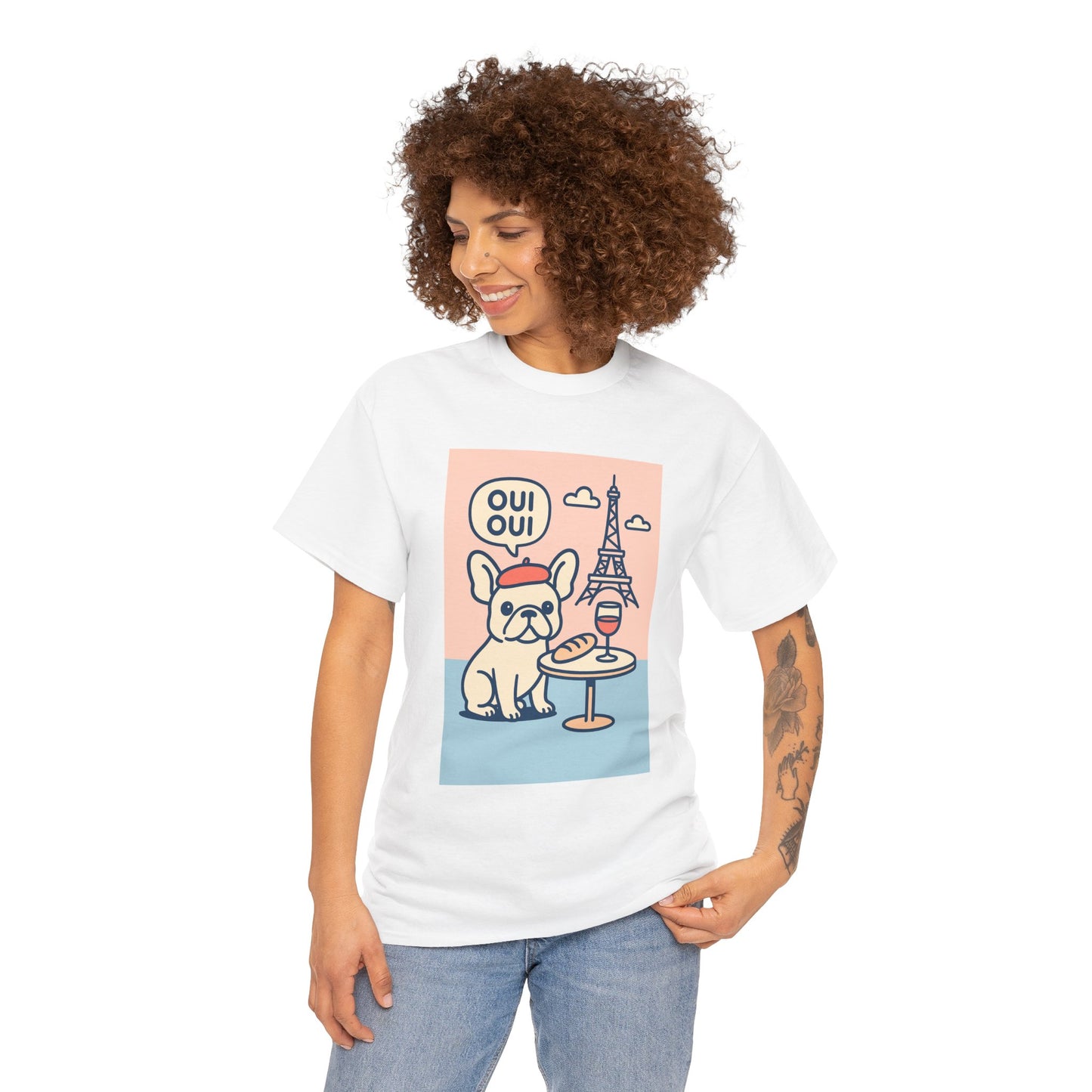 Oui Oui Frenchie Paris T-Shirt – Cute French Bulldog Café Tee, Paris Dog Lover Shirt, Beret & Baguette Graphic, French Bulldog Gift for Women & Men