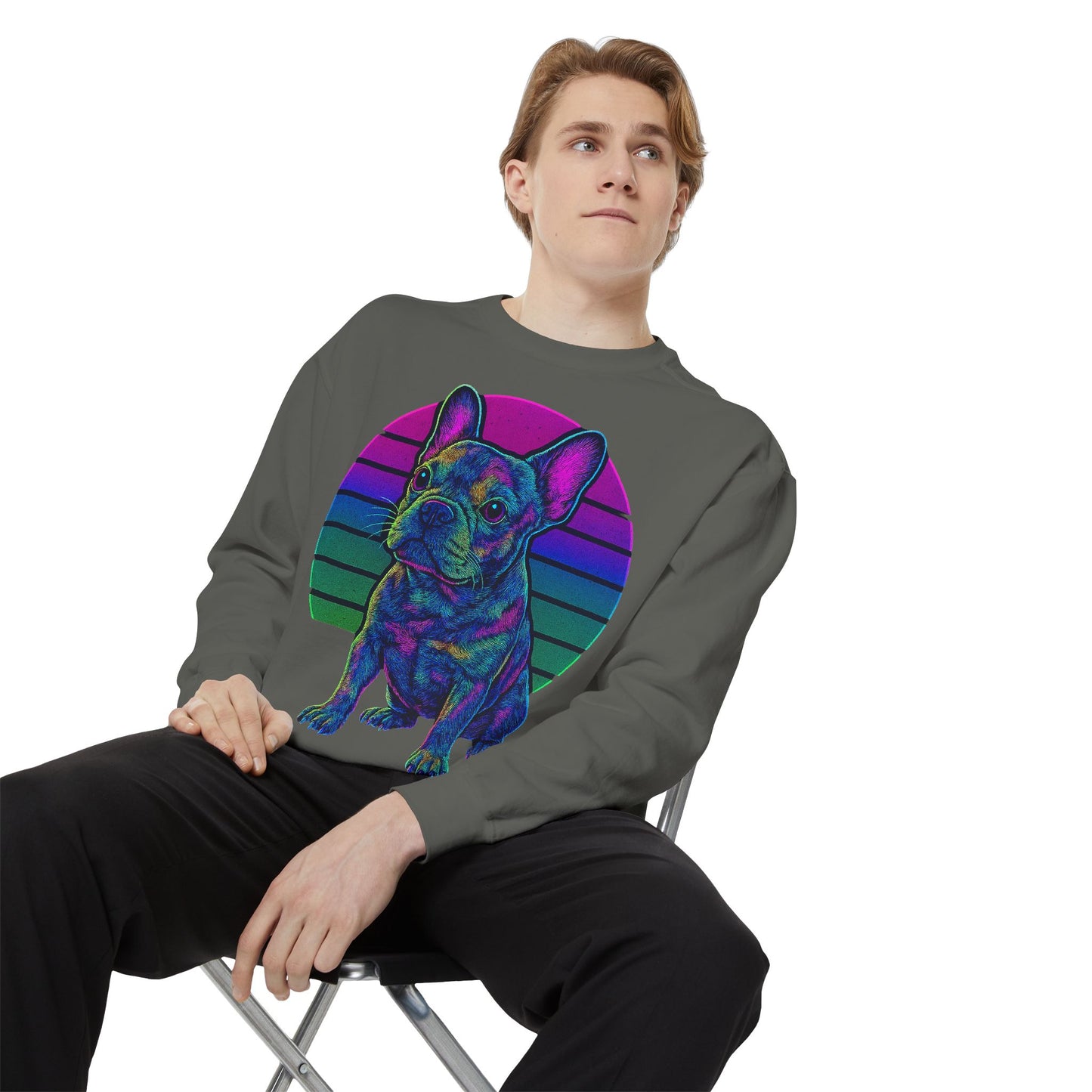 Neon French Bulldog Sweatshirt | Retro 80s Frenchie Pullover | Colorful Dog Lover Crewneck