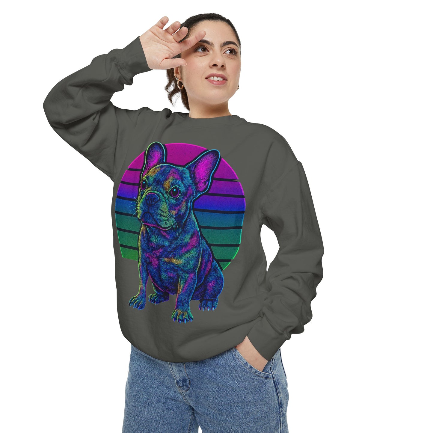 Neon French Bulldog Sweatshirt | Retro 80s Frenchie Pullover | Colorful Dog Lover Crewneck