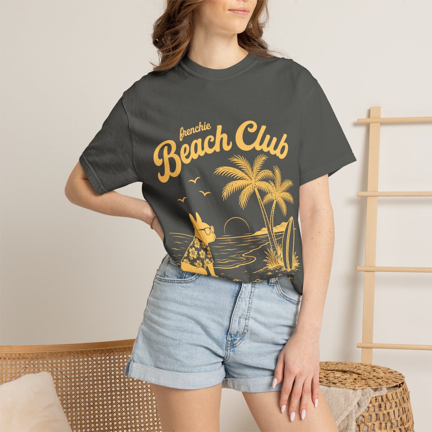 Frenchie Beach Club T-Shirt — Cute French Bulldog Surfing Palm Beach Tee