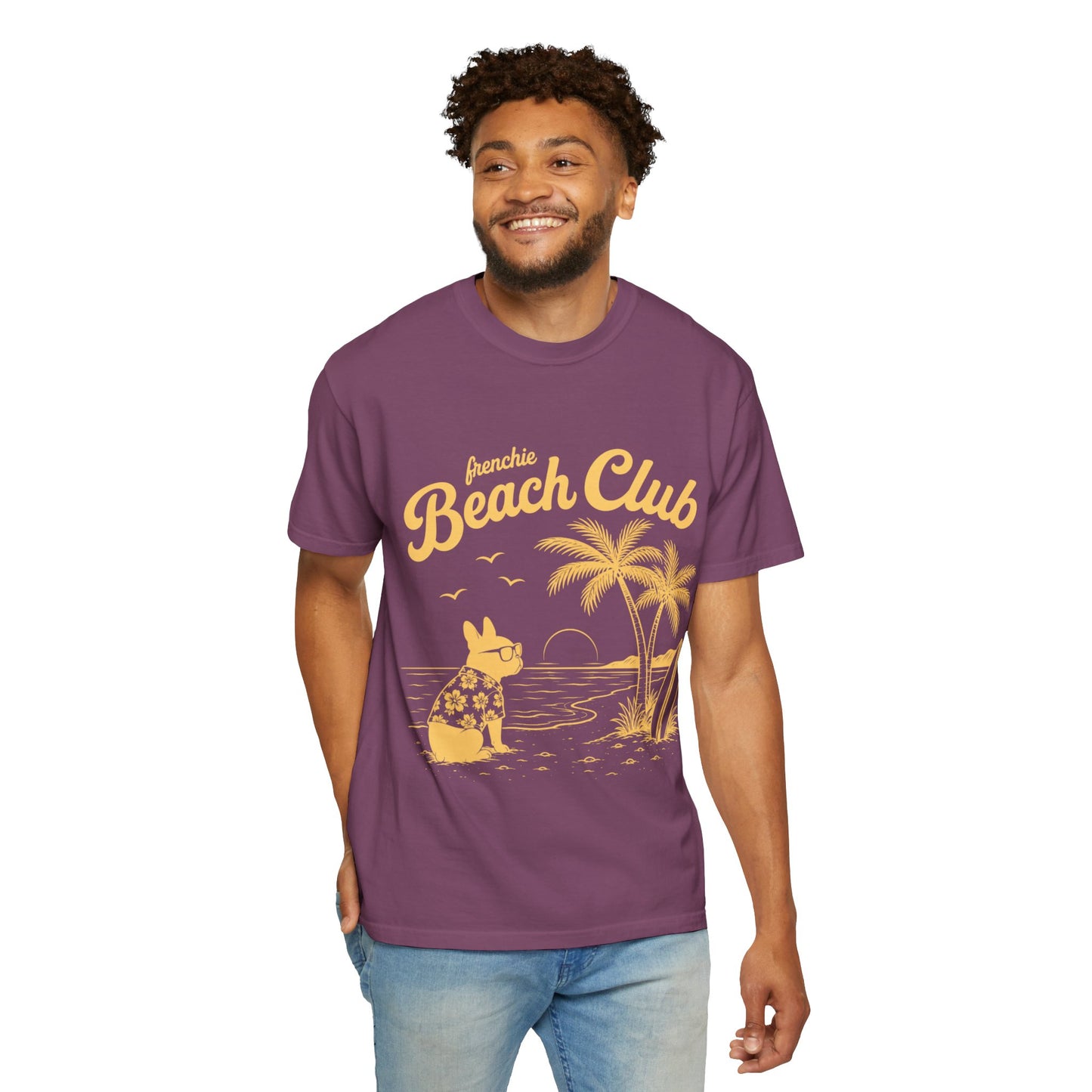 Frenchie Beach Club T-Shirt — Cute French Bulldog Surfing Palm Beach Tee