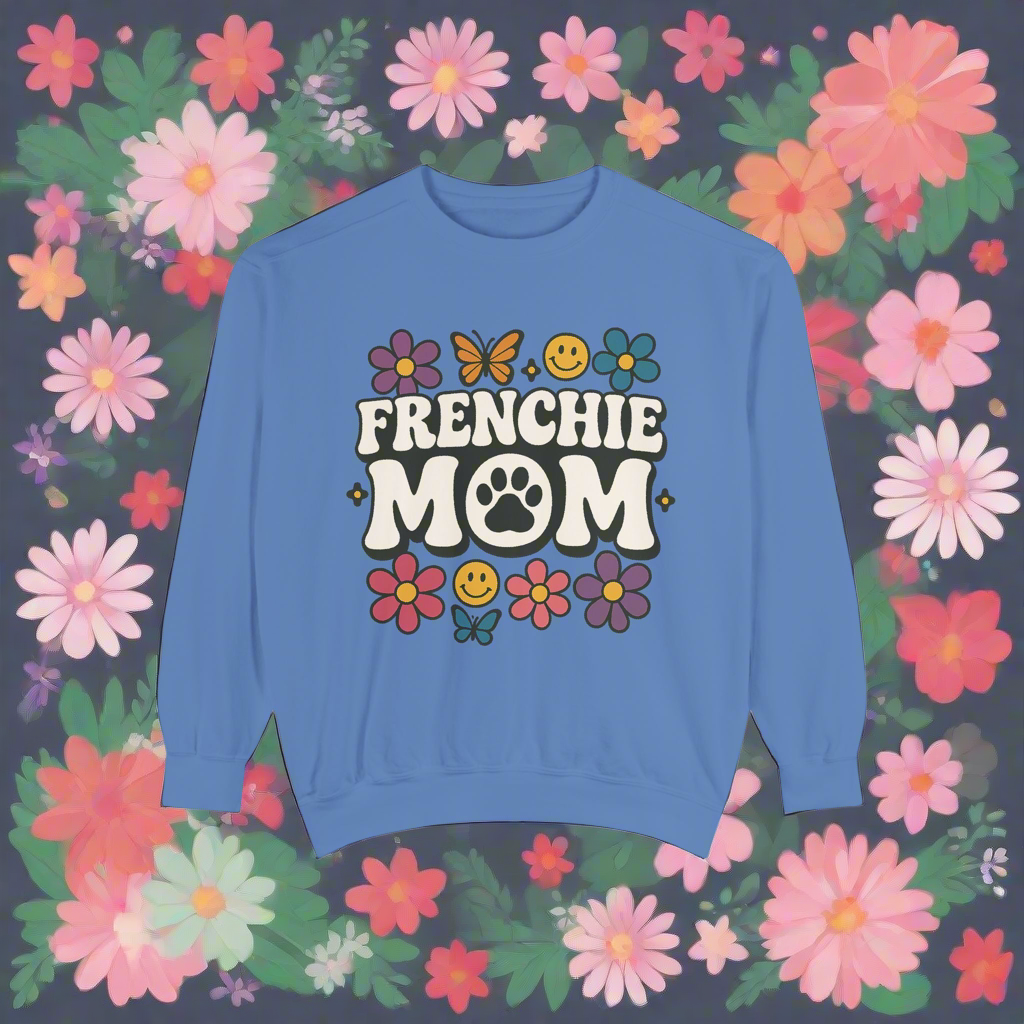 Frenchie Mom Sweatshirt | Retro Groovy Dog Lover Pullover | Smiley Flower French Bulldog Crewneck | Cute Colorful Dog Mom Sweater