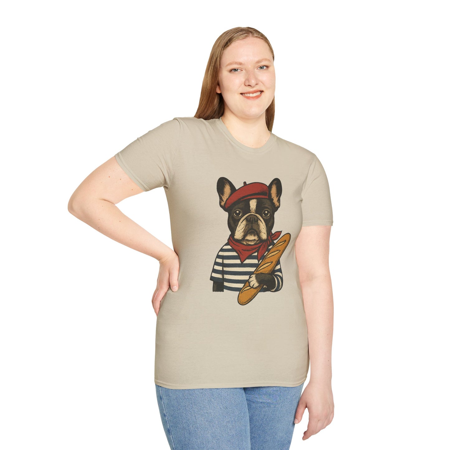 French Bulldog Parisian T-Shirt – Cute Frenchie in Beret & Stripes with Baguette – Funny Dog Lover Tee, French Style Dog Shirt, Gift for Frenchie Moms