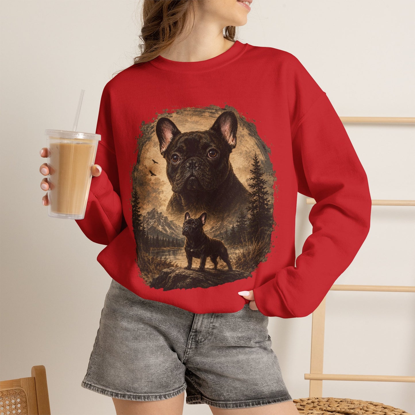 Black French Bulldog Sweatshirt, Rustic Frenchie Crewneck, Vintage Nature French Bulldog Sweatshirt, Dog Lover Gift, Black Frenchie Pullover, Camping Sweatshirt, Cozy Dog Apparel