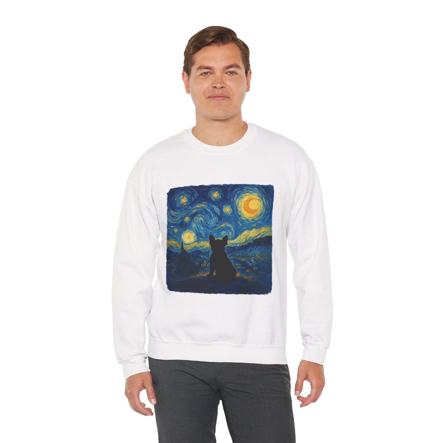 Starry Night Frenchie Sweatshirt – Van Gogh Inspired French Bulldog Art Crewneck, Cozy Dog Lover Gift, Retro Frenchie Sweater
