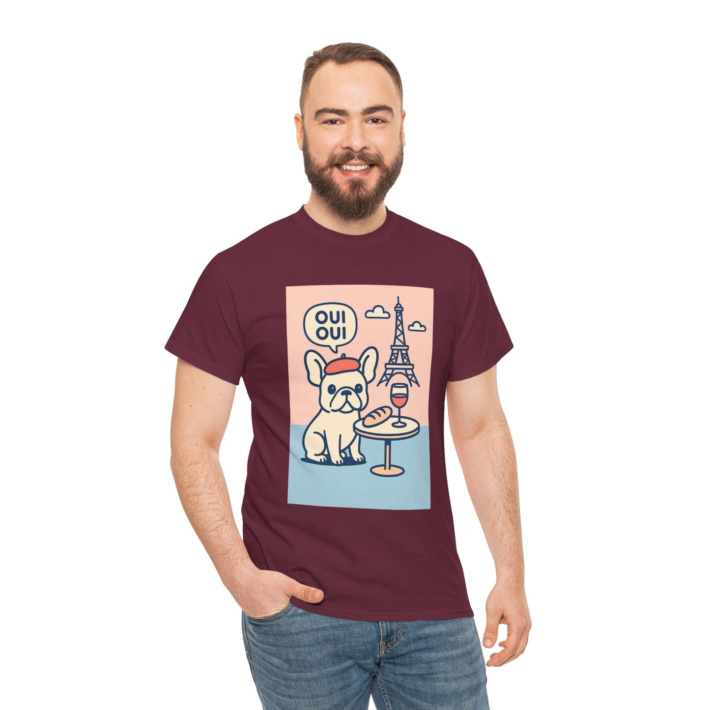 Oui Oui Frenchie Paris T-Shirt – Cute French Bulldog Café Tee, Paris Dog Lover Shirt, Beret & Baguette Graphic, French Bulldog Gift for Women & Men