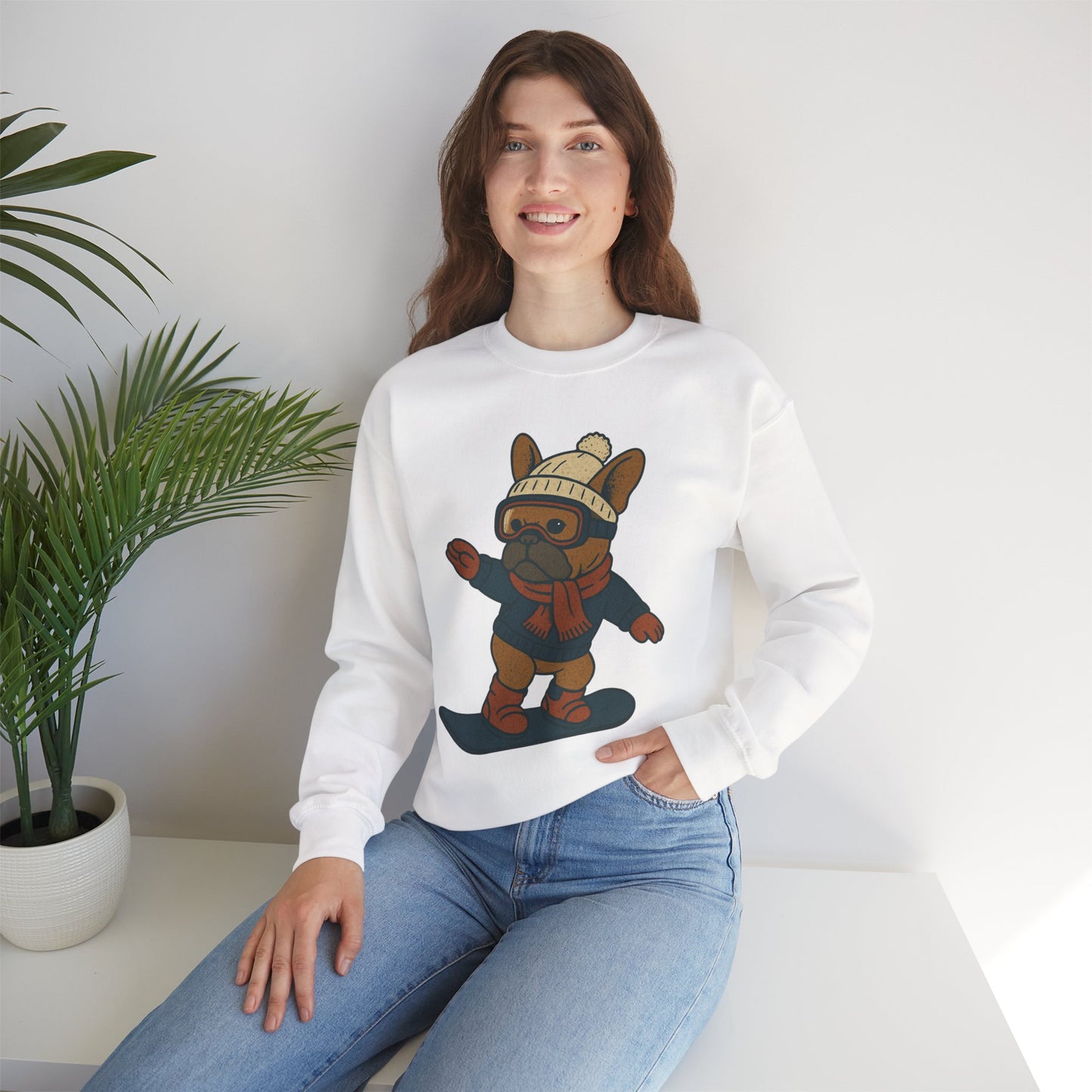 Snowboarding Frenchie Sweatshirt – Cute French Bulldog Winter Sweater, Snowboard Dog Pullover, Cozy Holiday Ski Dog Crewneck, Frenchie Lover Gift