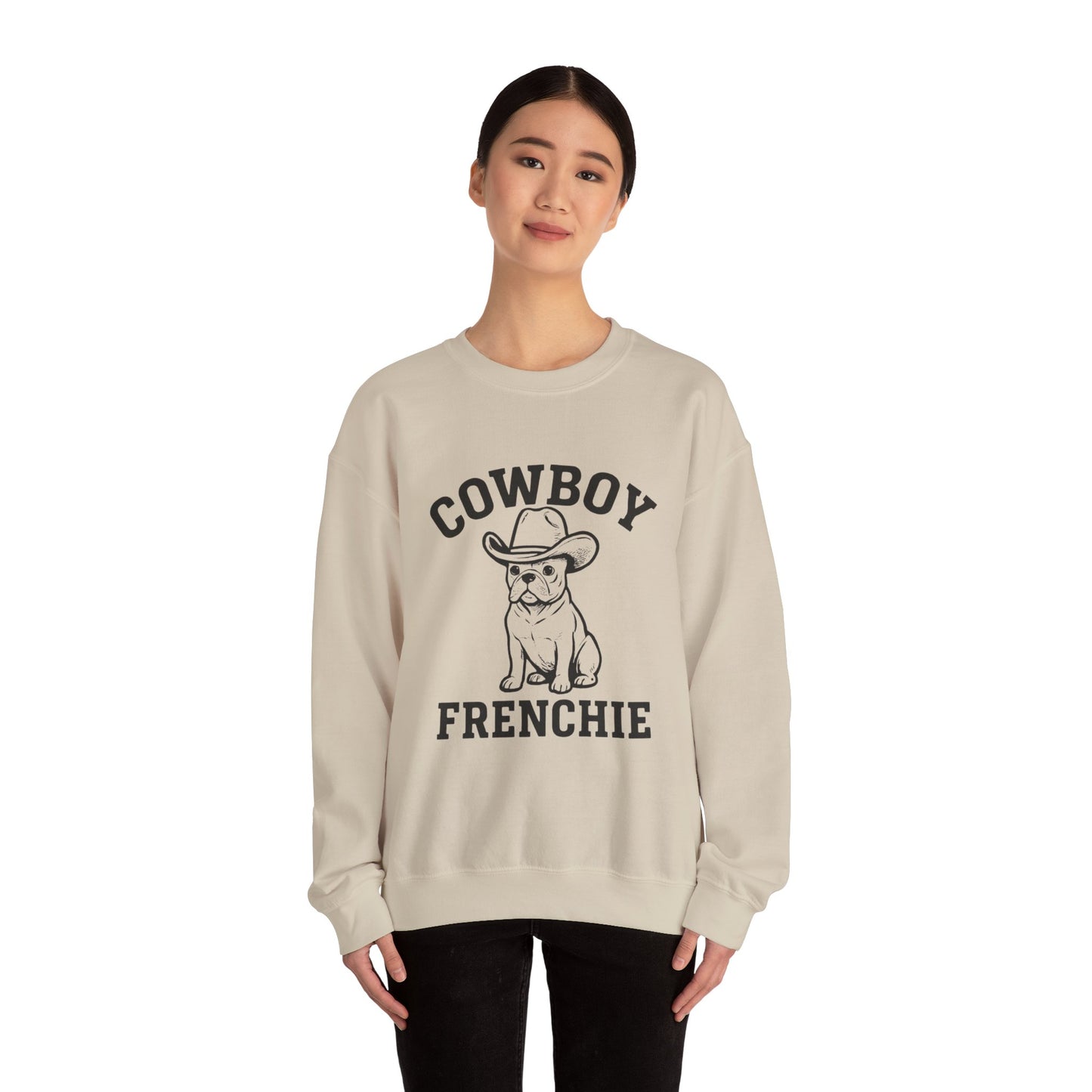 Cowboy Frenchie Sweatshirt – Western French Bulldog Crewneck, Cowboy Dog Sweater, Cute Frenchie Mom Gift, Country Western Dog Lover Shirt, Rustic Cowboy Pet Apparel