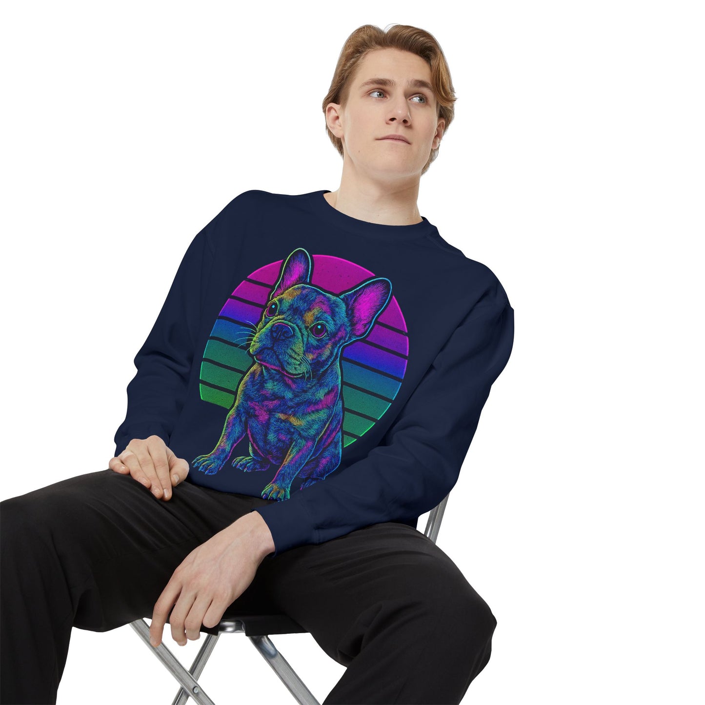 Neon French Bulldog Sweatshirt | Retro 80s Frenchie Pullover | Colorful Dog Lover Crewneck