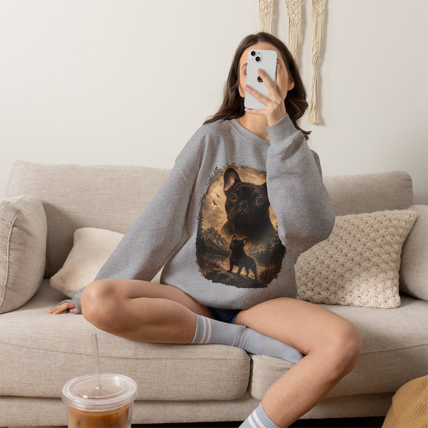 Black French Bulldog Sweatshirt, Rustic Frenchie Crewneck, Vintage Nature French Bulldog Sweatshirt, Dog Lover Gift, Black Frenchie Pullover, Camping Sweatshirt, Cozy Dog Apparel