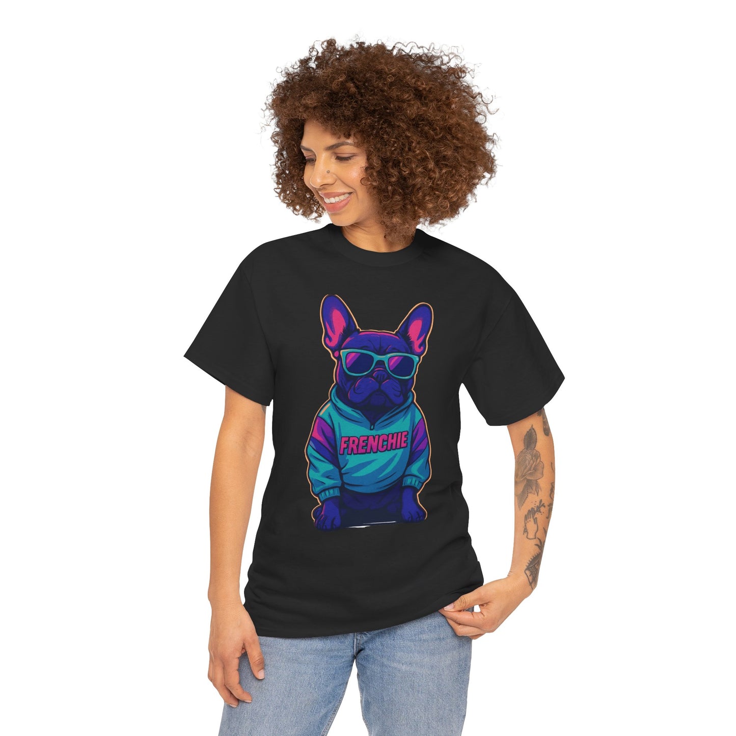 Vaporwave Frenchie T-Shirt | Retro Neon Dog Graphic | 80s Style French Bulldog Tee | Colorful Streetwear Gift for Dog Lovers | Cool Pet Apparel
