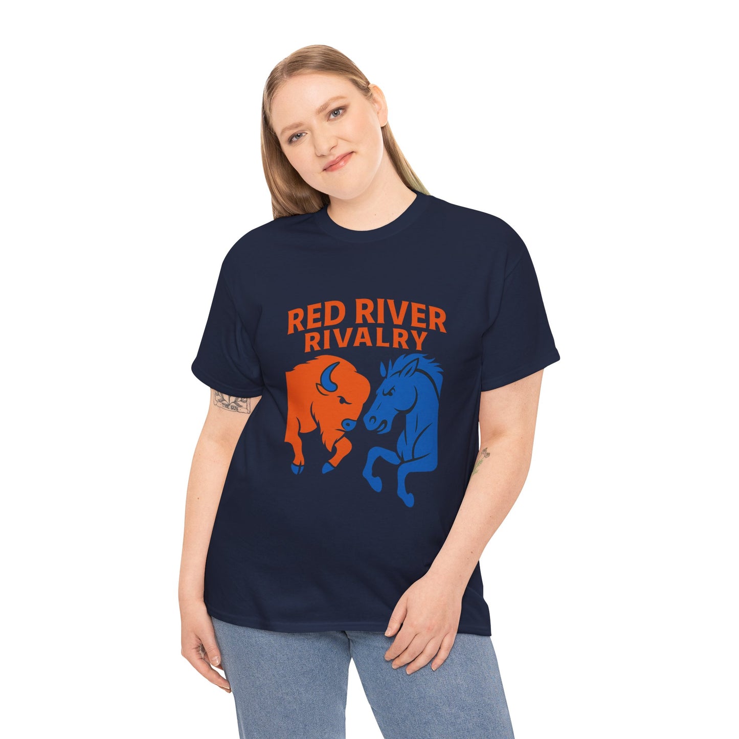 Red River Rivalry T-Shirt – Oklahoma vs Texas-Inspired Tee, Bison and Mustang Game Day Shirt, Blue and Orange Sports Rivalry Graphic