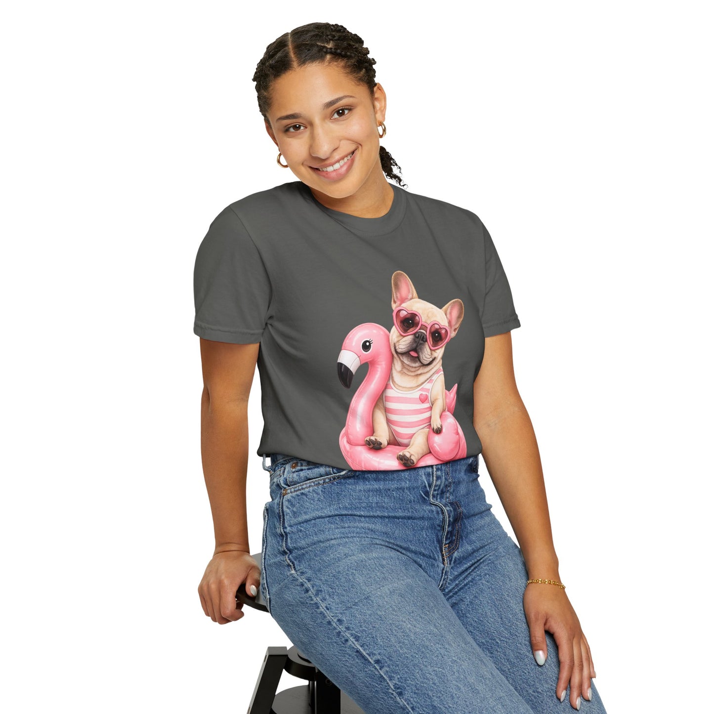 French Bulldog on Pink Flamingo Float T-Shirt — Cute Summer Dog Tee