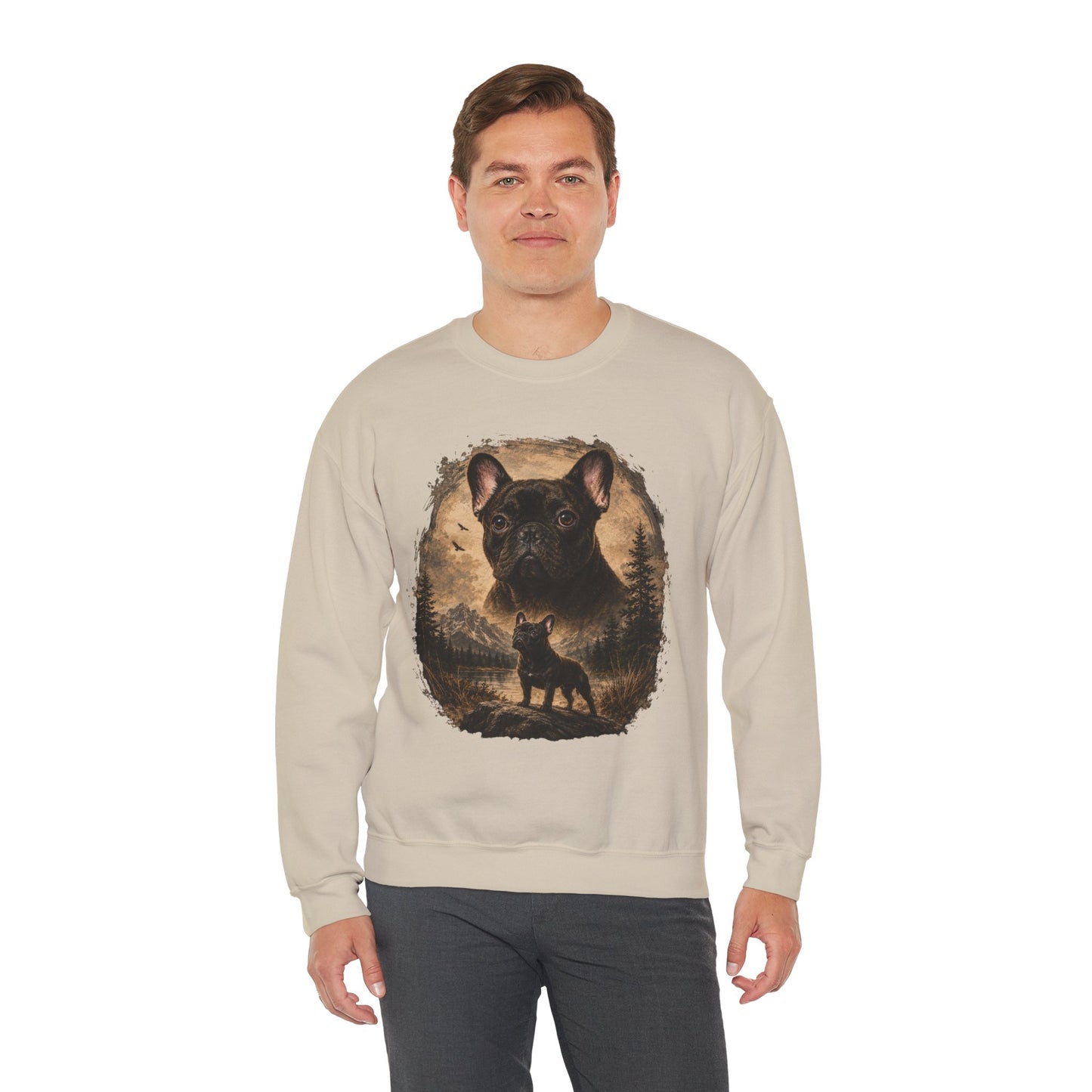 Black French Bulldog Sweatshirt, Rustic Frenchie Crewneck, Vintage Nature French Bulldog Sweatshirt, Dog Lover Gift, Black Frenchie Pullover, Camping Sweatshirt, Cozy Dog Apparel