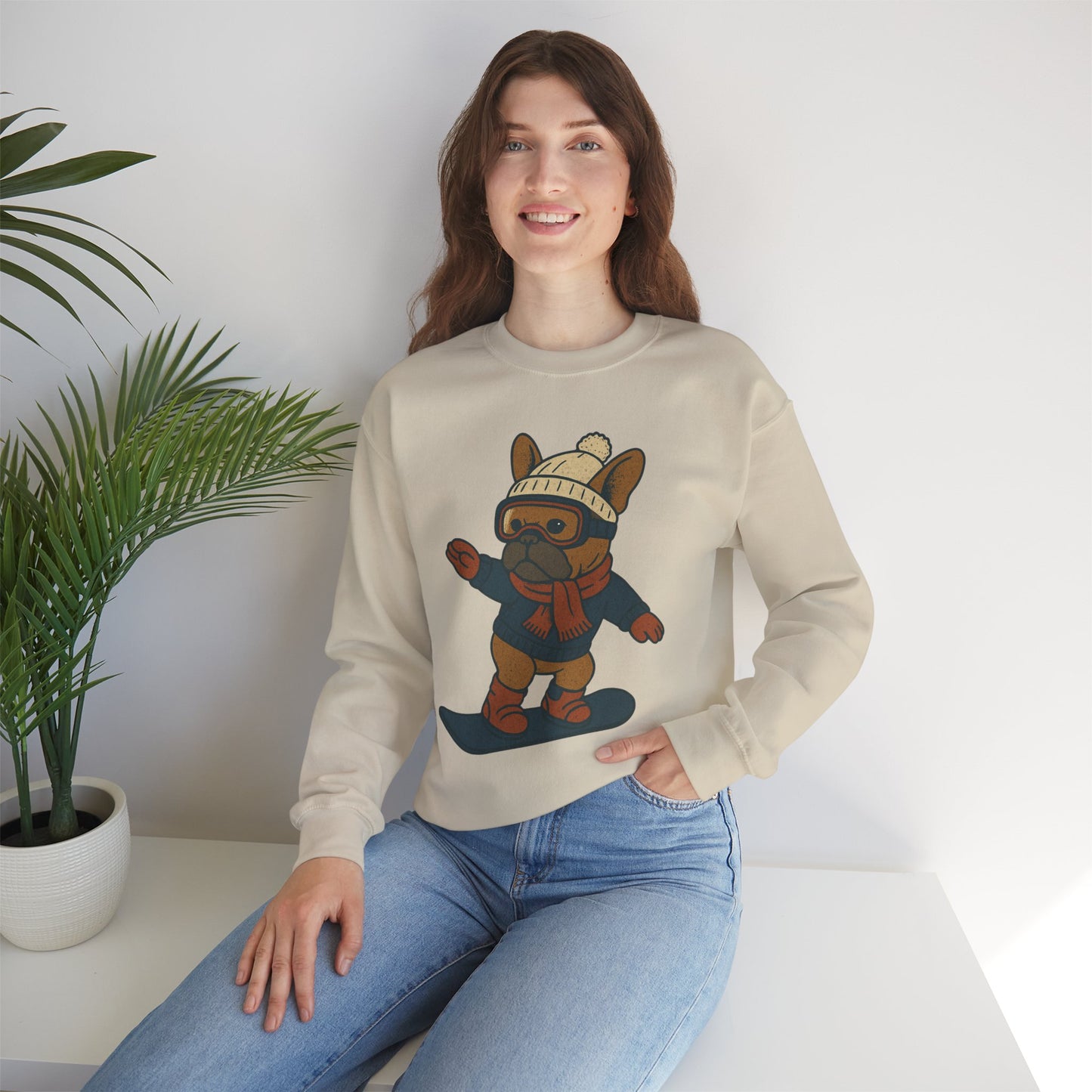 Snowboarding Frenchie Sweatshirt – Cute French Bulldog Winter Sweater, Snowboard Dog Pullover, Cozy Holiday Ski Dog Crewneck, Frenchie Lover Gift
