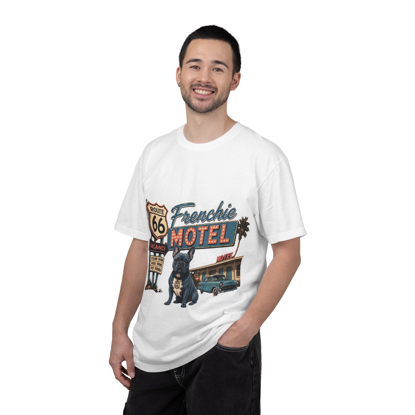 Route 66 Frenchie Motel Shirt, French Bulldog Retro Travel Tee, Vintage Road Trip Shirt, Dog Lover Graphic Tee, Route 66 Dog Shirt, Frenchie Motel T-Shirt, Retro Americana Gift