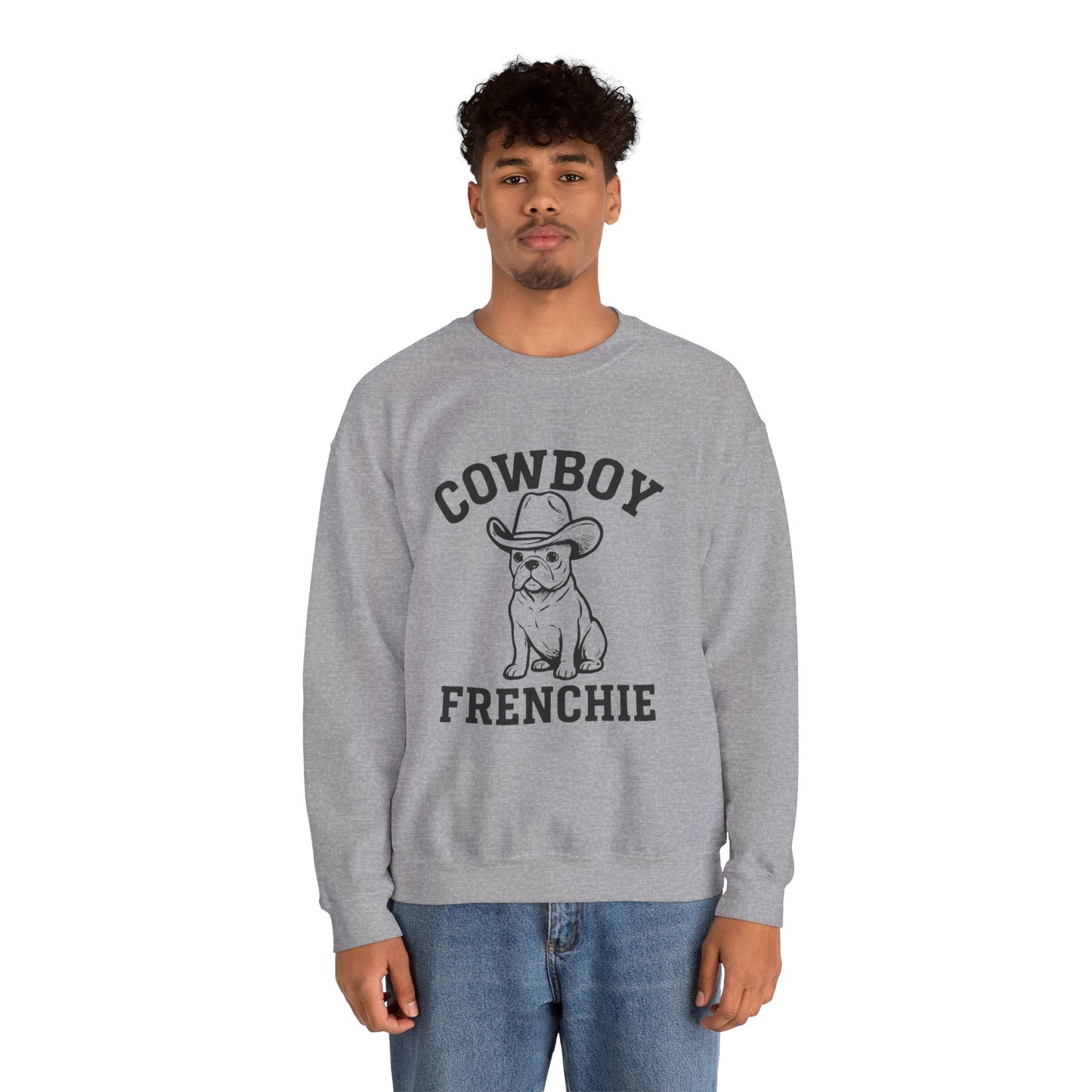 Cowboy Frenchie Sweatshirt – Western French Bulldog Crewneck, Cowboy Dog Sweater, Cute Frenchie Mom Gift, Country Western Dog Lover Shirt, Rustic Cowboy Pet Apparel