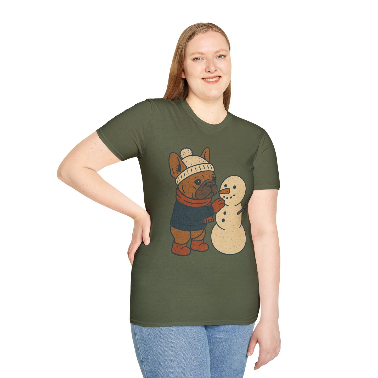 French Bulldog Snowman T-Shirt • Cute Winter Frenchie Tee • Holiday Dog Lover Shirt • Christmas Pup Graphic • Cozy Winter Pet Lover Gift