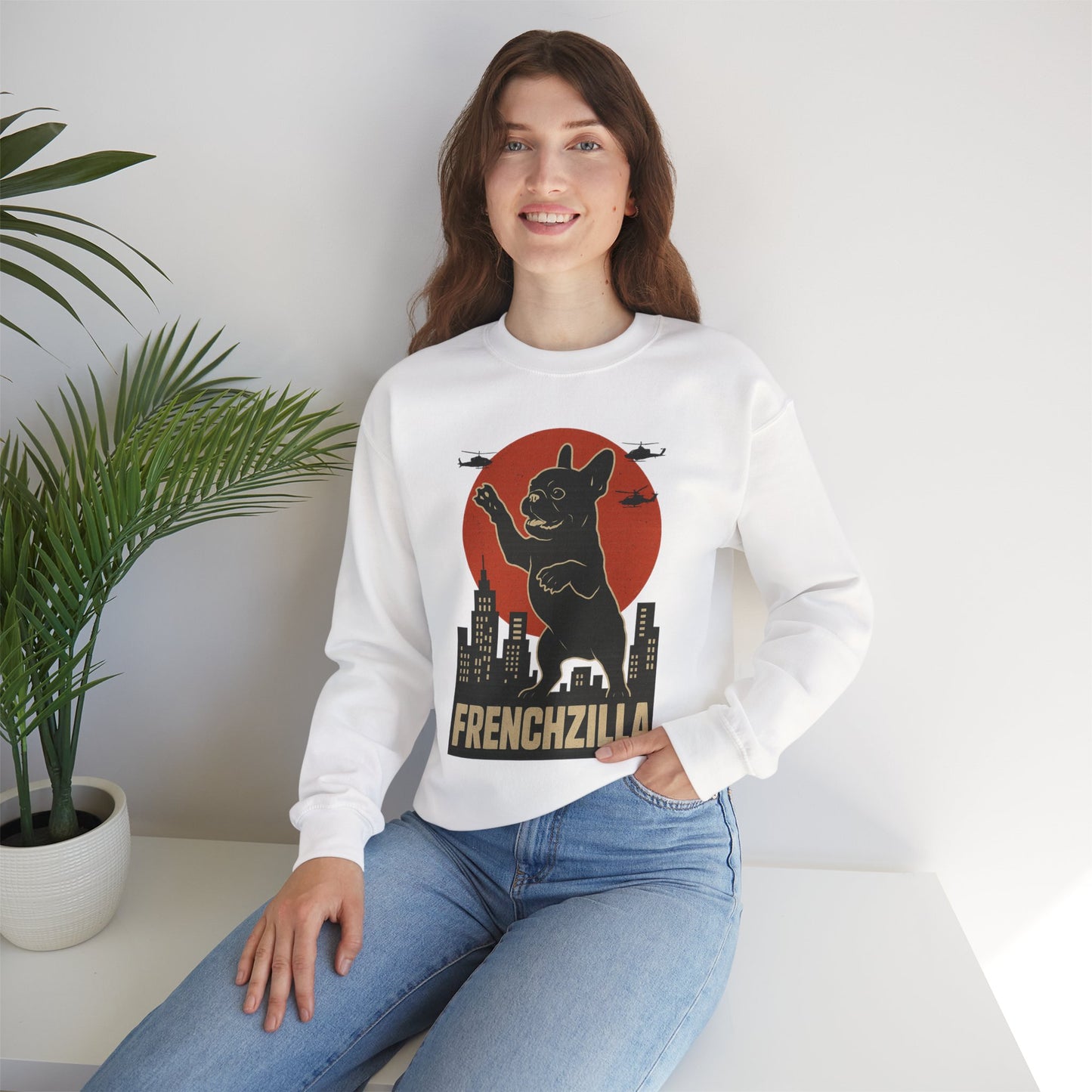French Bulldogzilla Sweatshirt | Godzilla Inspired French Bulldog Graphic Tee | Retro Japanese Movie Style Dog Lover Shirt | Funny Frenchie Gift