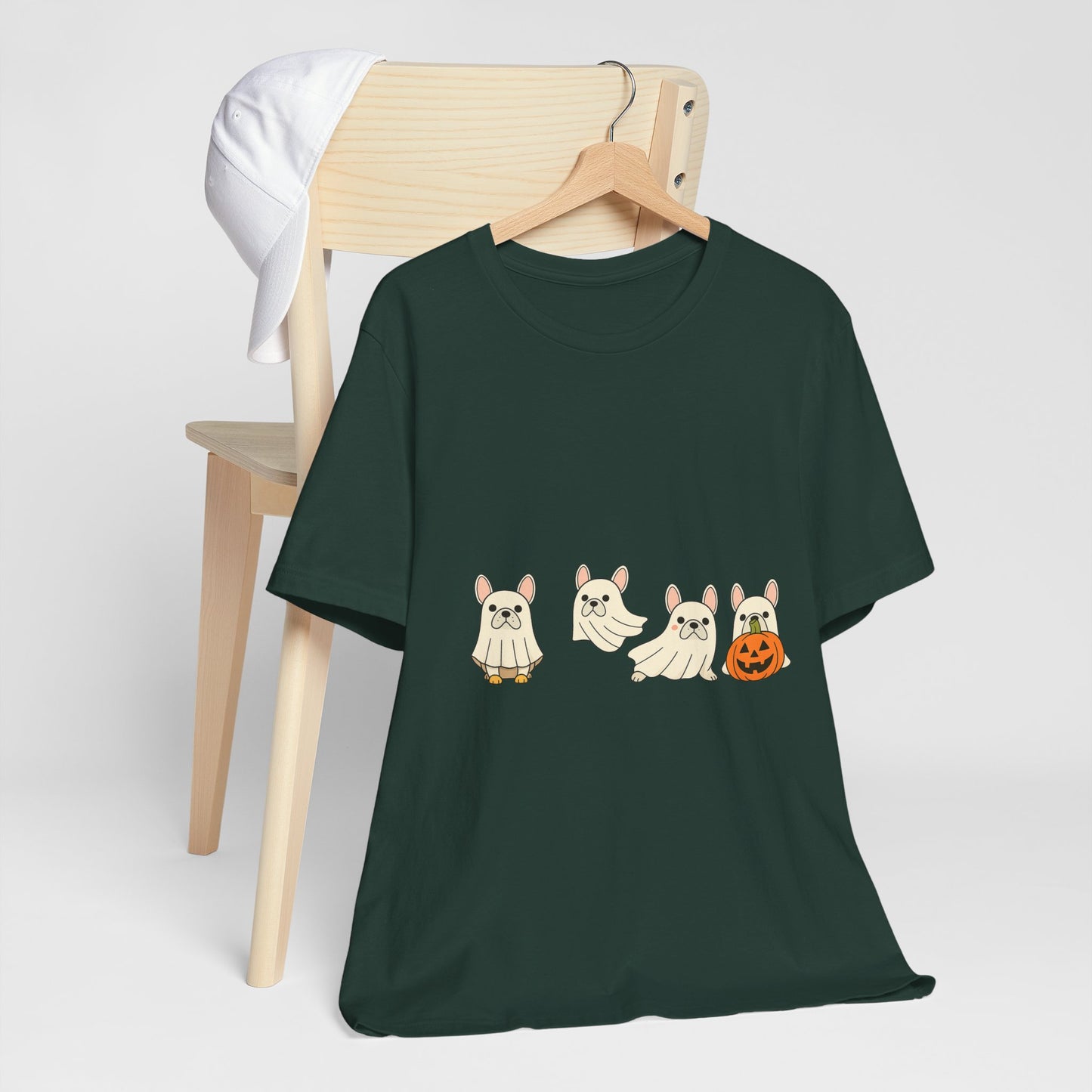 Frenchie Ghost Halloween T-Shirt | Cute French Bulldog Graphic Tee | Funny Dog Lover Spooky Season Shirt | Pumpkin Ghost Frenchie Tee