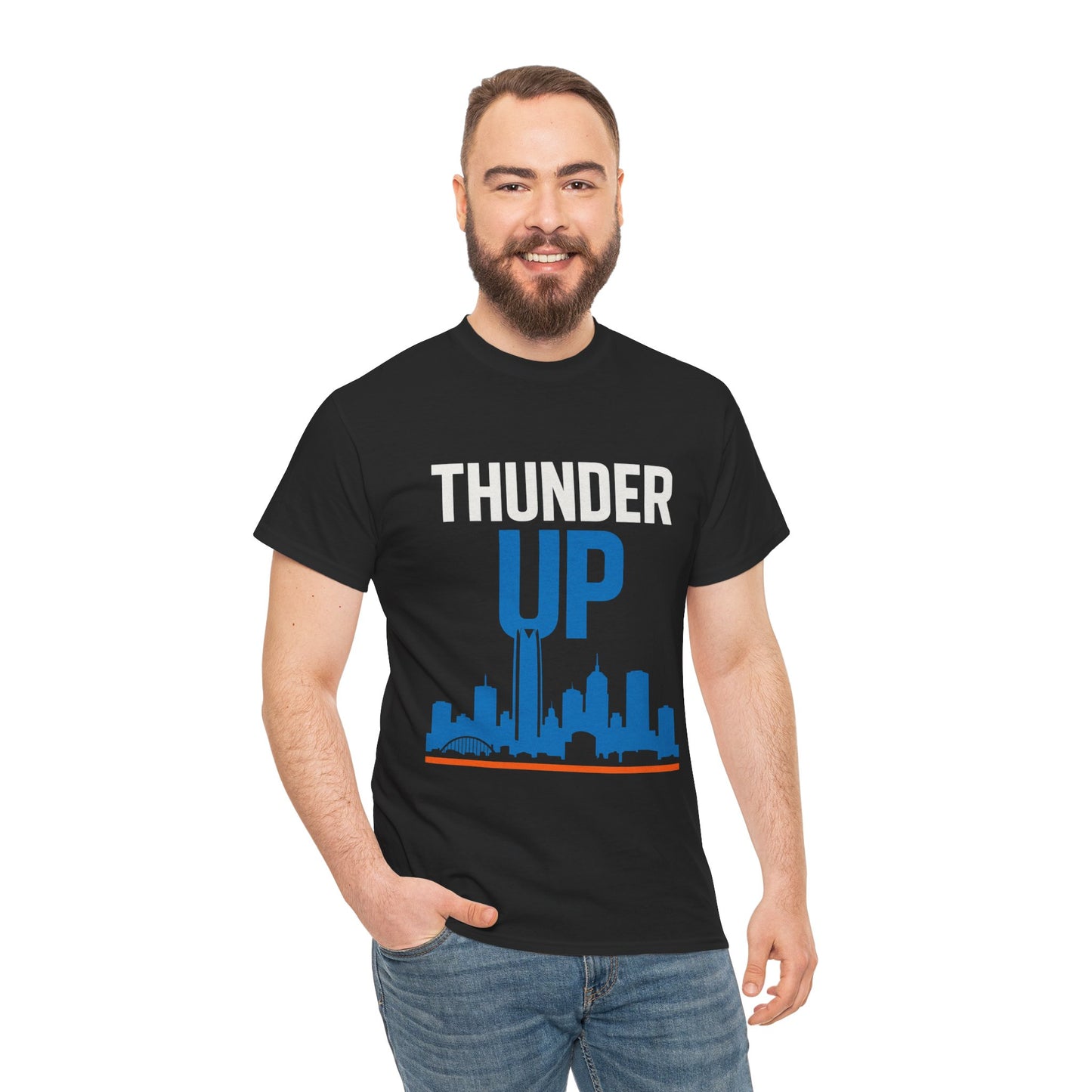 Thunder Up Oklahoma City Skyline Shirt – OKC Basketball Fan Tee, Blue & Orange City Skyline Graphic, Oklahoma Hoops Spirit Wear, Game Day T-Shirt