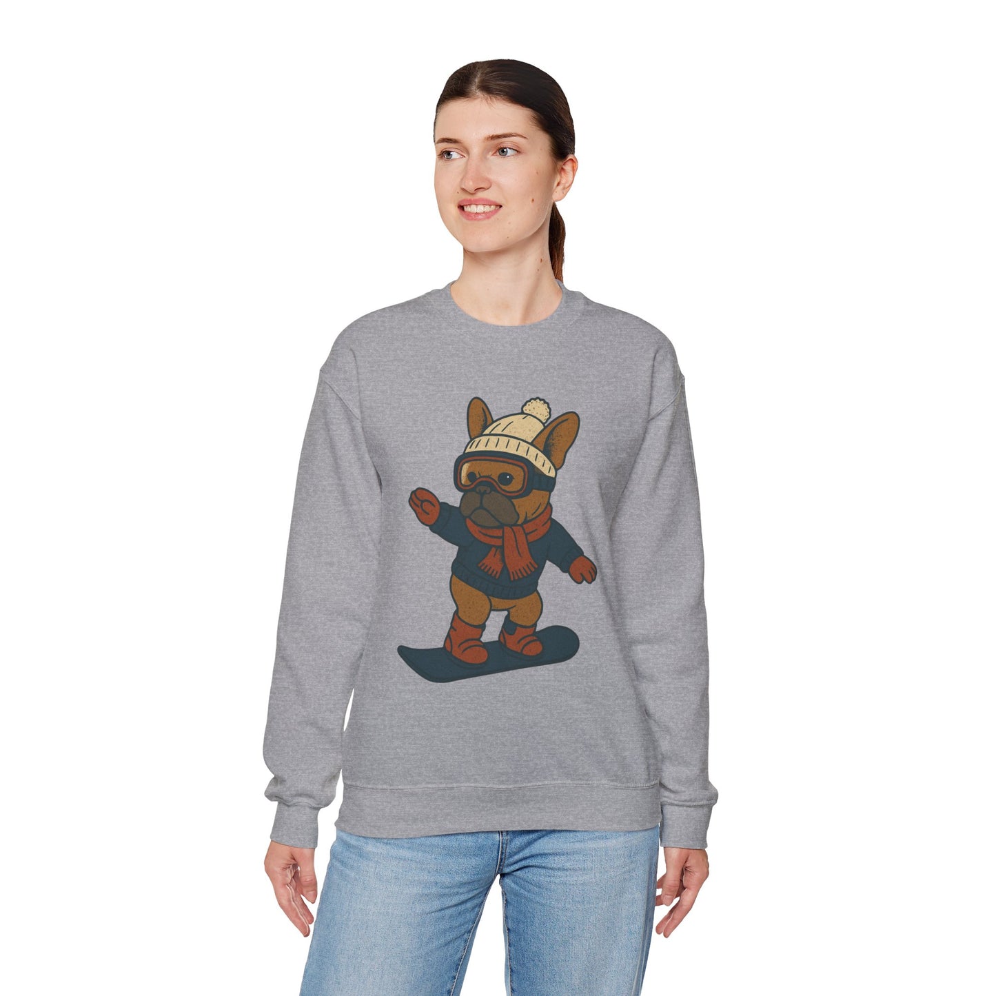 Snowboarding Frenchie Sweatshirt – Cute French Bulldog Winter Sweater, Snowboard Dog Pullover, Cozy Holiday Ski Dog Crewneck, Frenchie Lover Gift