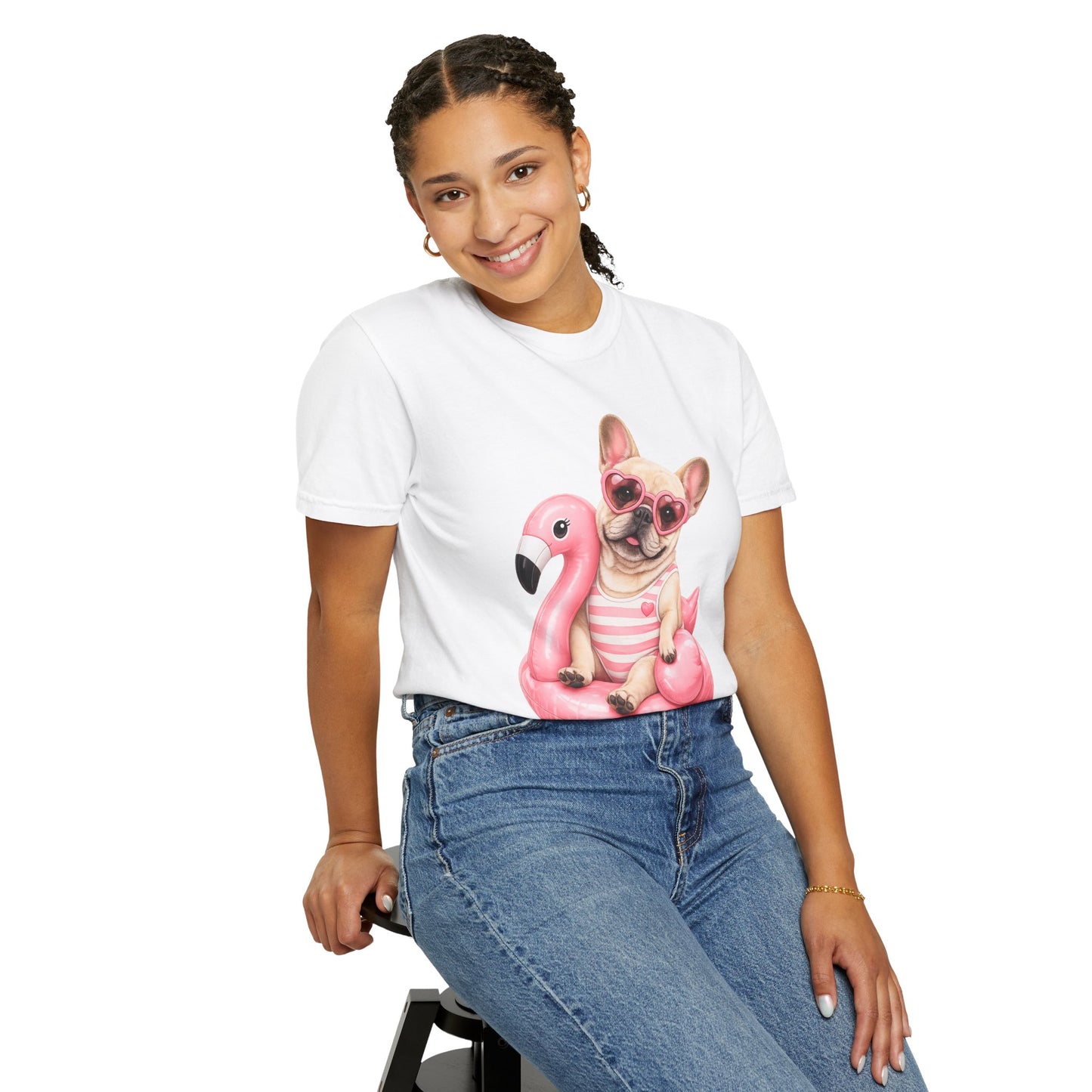 French Bulldog on Pink Flamingo Float T-Shirt — Cute Summer Dog Tee