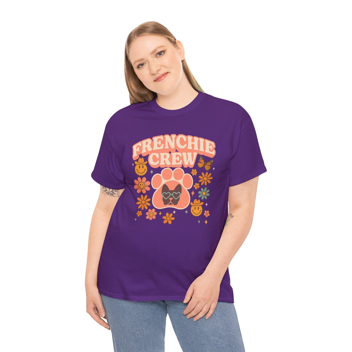 Frenchie Crew T-Shirt | Retro 70s Floral French Bulldog Tee | Groovy Dog Mom Shirt | Frenchie Lover Gift | Vintage Aesthetic Graphic Tee