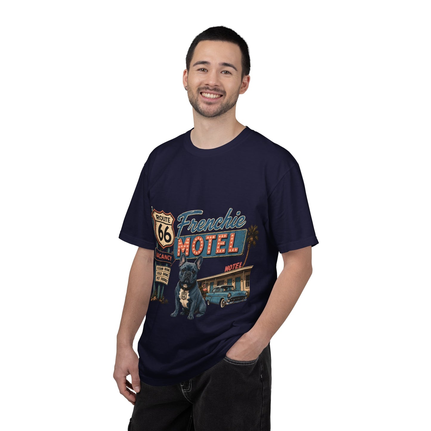 Route 66 Frenchie Motel Shirt, French Bulldog Retro Travel Tee, Vintage Road Trip Shirt, Dog Lover Graphic Tee, Route 66 Dog Shirt, Frenchie Motel T-Shirt, Retro Americana Gift