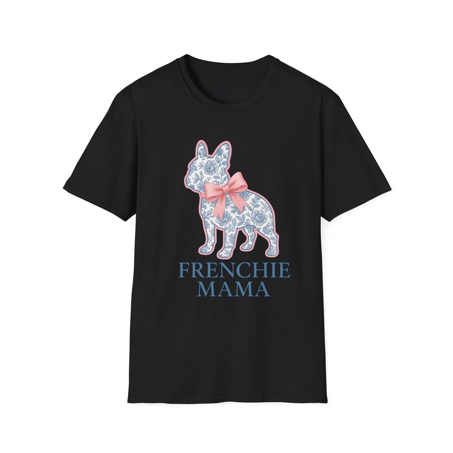 Frenchie Mama Shirt – Floral French Bulldog Silhouette Tee with Pink Bow, Dog Mom Gift, Cute Frenchie Lover T-Shirt, Pastel Dog Mom Apparel