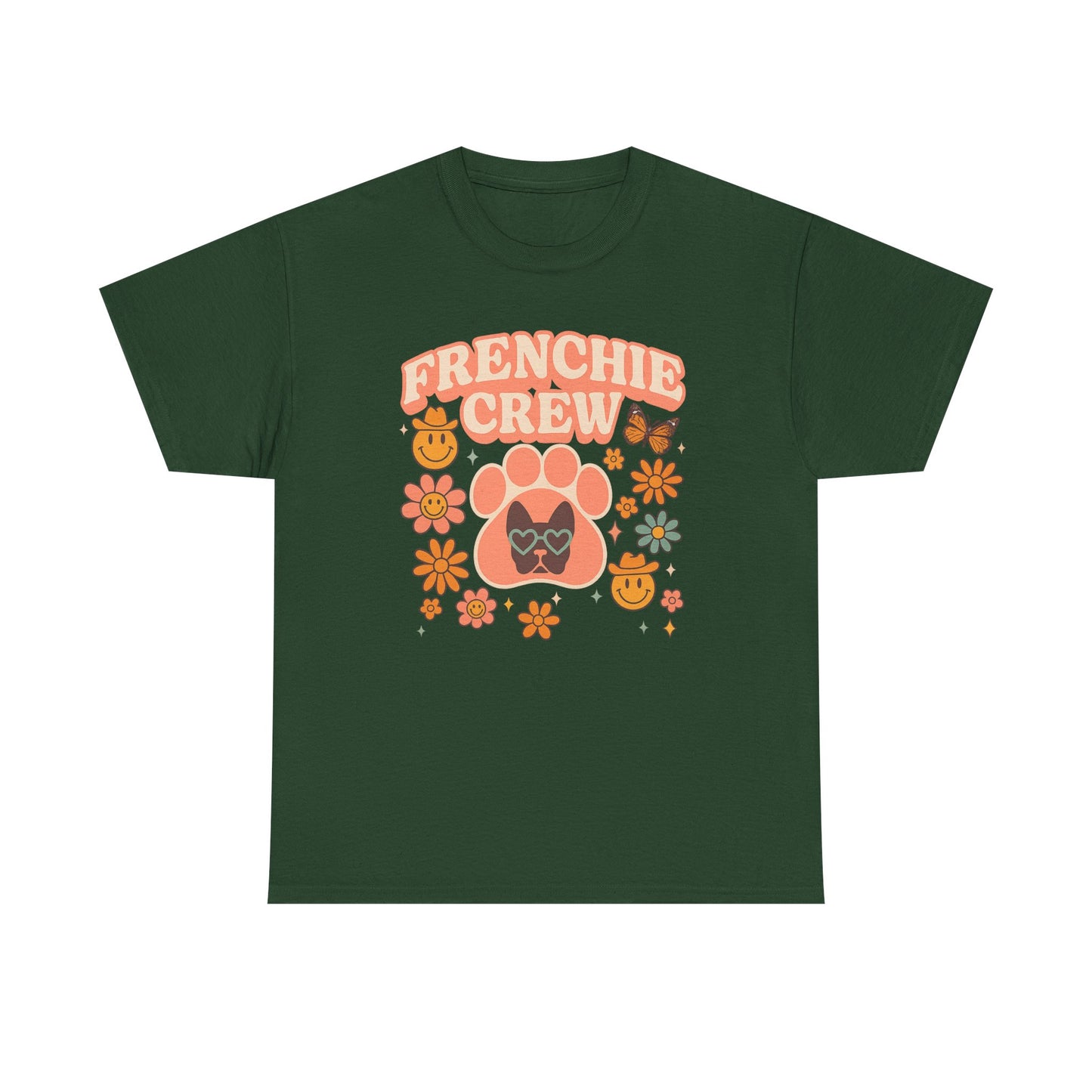 Frenchie Crew T-Shirt | Retro 70s Floral French Bulldog Tee | Groovy Dog Mom Shirt | Frenchie Lover Gift | Vintage Aesthetic Graphic Tee