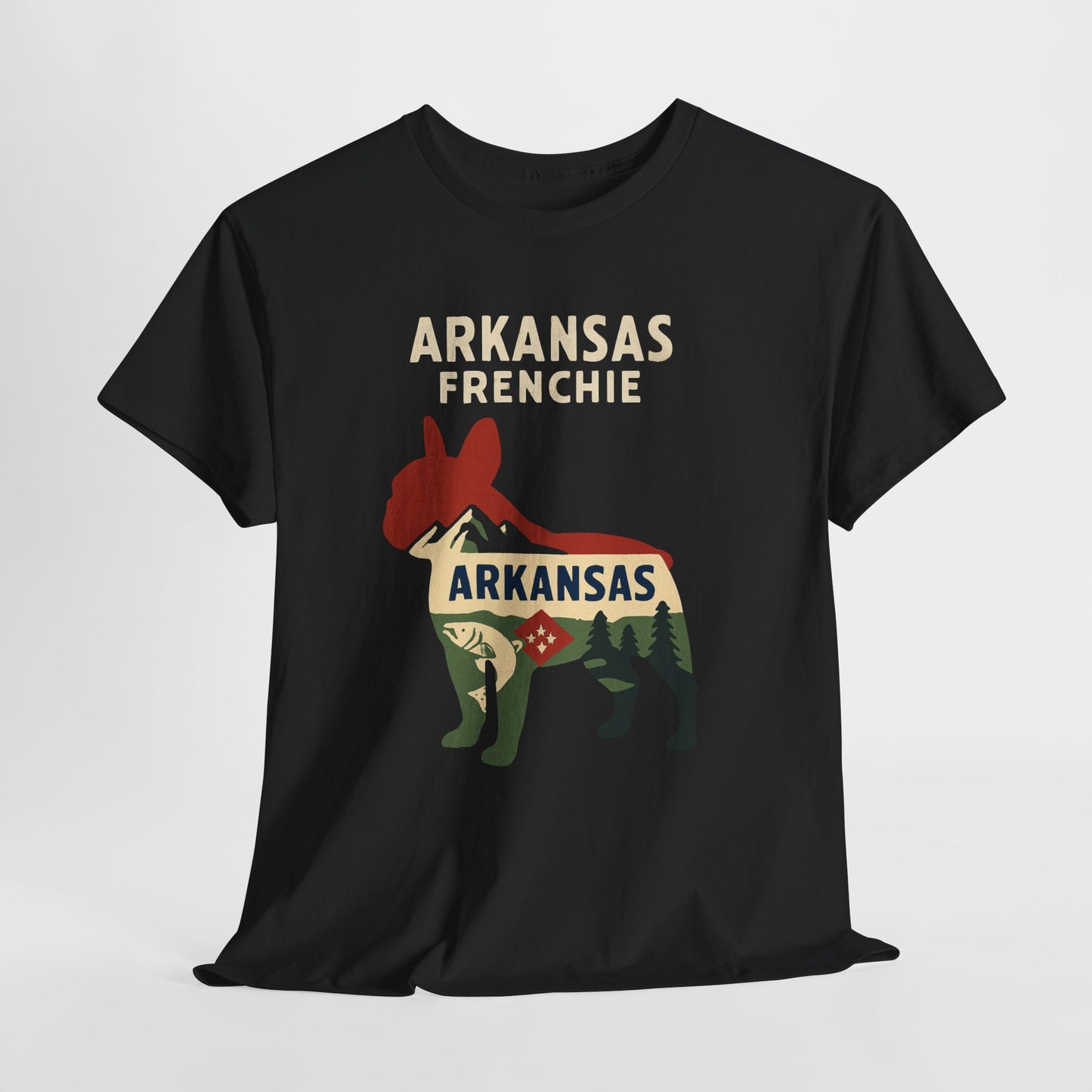 Arkansas Frenchie T-Shirt – French Bulldog State Pride Tee, Retro Arkansas Dog Lover Shirt, Nature Hiking Frenchie Gift