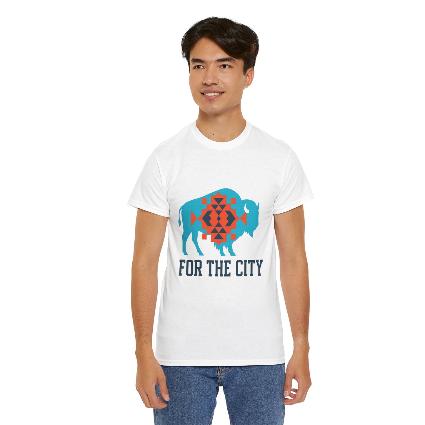 For The City Tribal Bison T-Shirt | Oklahoma Pride Tee | Blue & Orange Southwestern Bison Graphic | OKC Fan Inspired Shirt | Local Oklahoma Gift