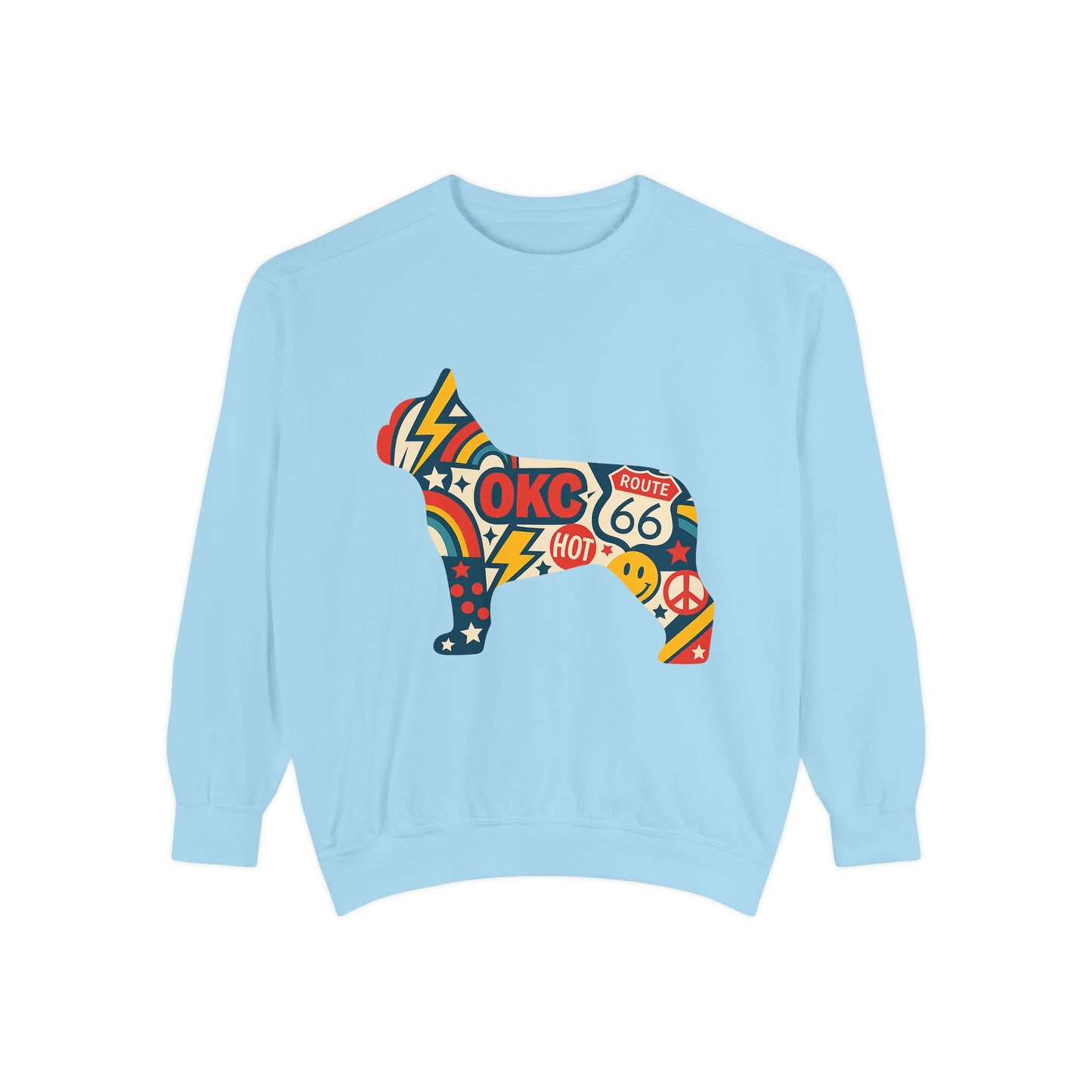 OKC Frenchie Route 66 Sweatshirt | Retro Oklahoma Pullover | Blue Orange Dog Lover Crewneck