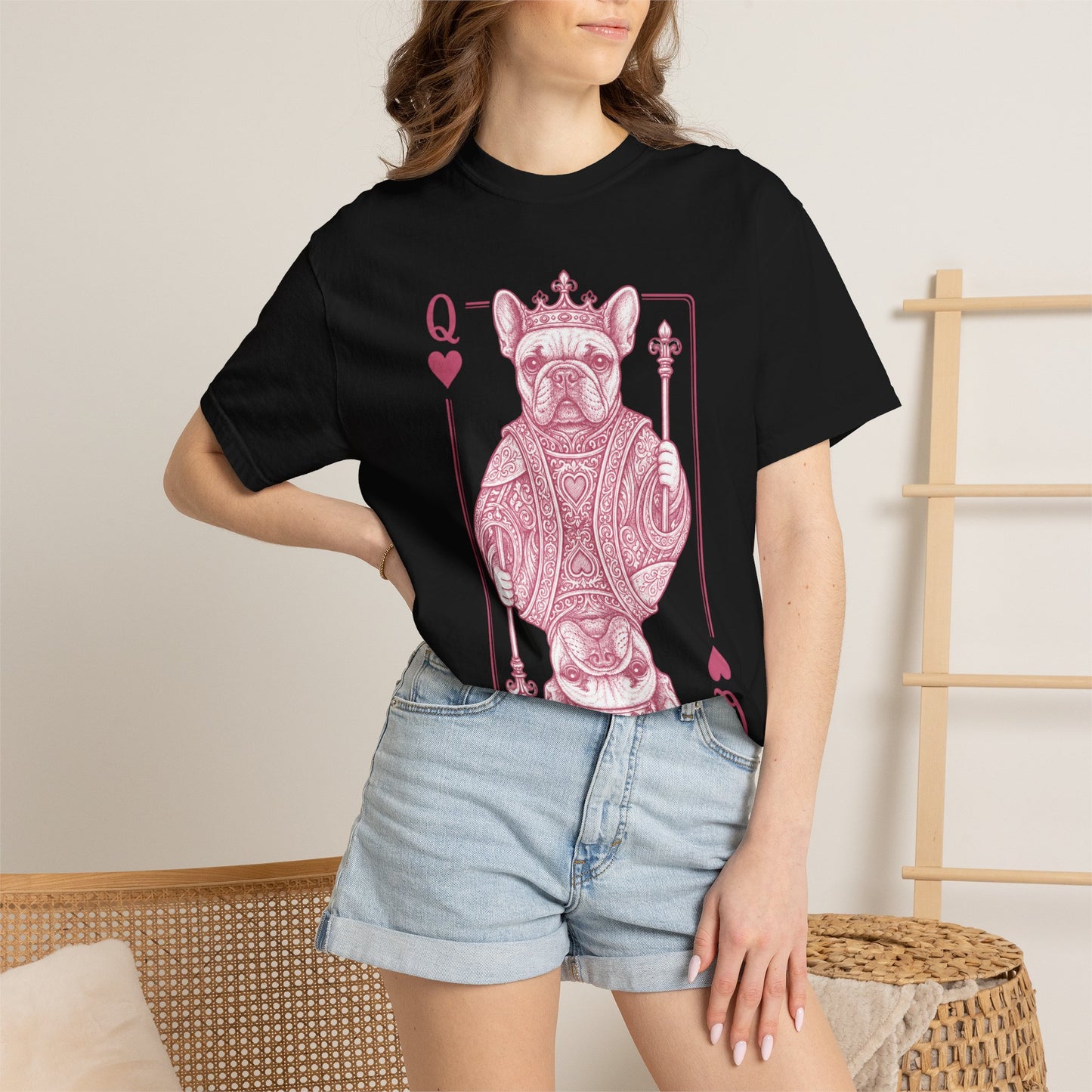 Queen of Hearts French Bulldog Shirt, Frenchie Queen Playing Card Tee, Dog Mom Gift, Cute French Bulldog Graphic Shirt, Royal Frenchie T-Shirt