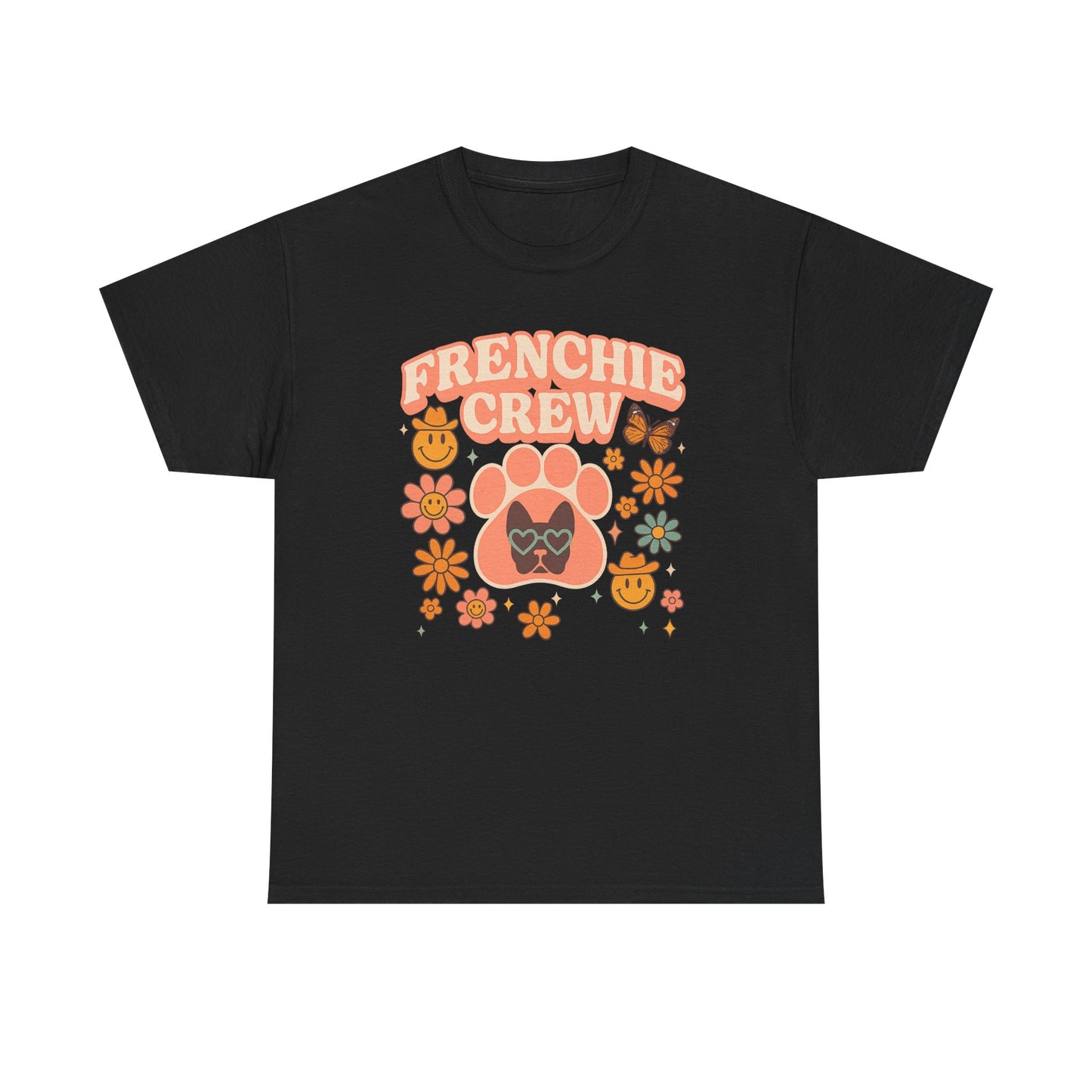 Frenchie Crew T-Shirt | Retro 70s Floral French Bulldog Tee | Groovy Dog Mom Shirt | Frenchie Lover Gift | Vintage Aesthetic Graphic Tee