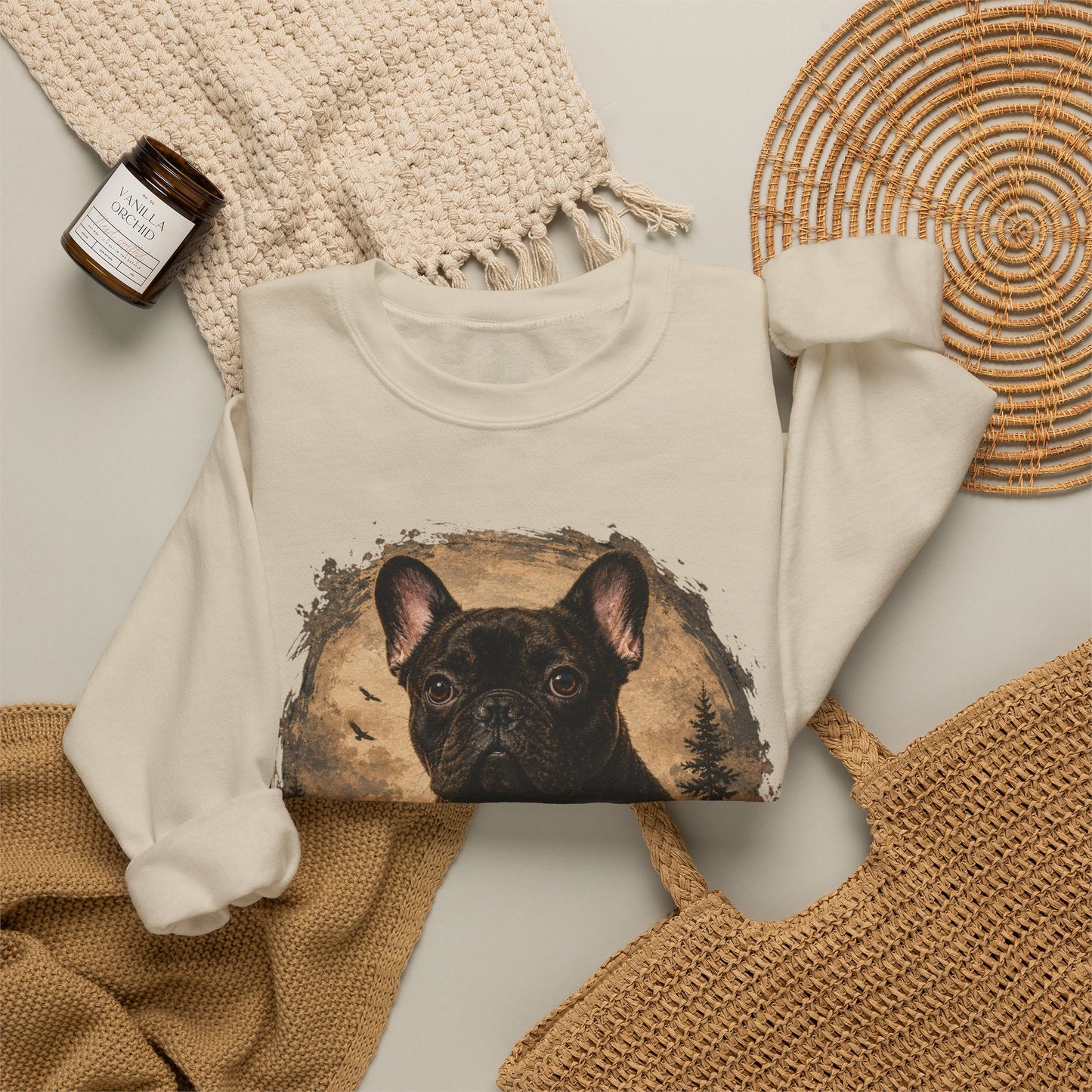 Black French Bulldog Sweatshirt, Rustic Frenchie Crewneck, Vintage Nature French Bulldog Sweatshirt, Dog Lover Gift, Black Frenchie Pullover, Camping Sweatshirt, Cozy Dog Apparel