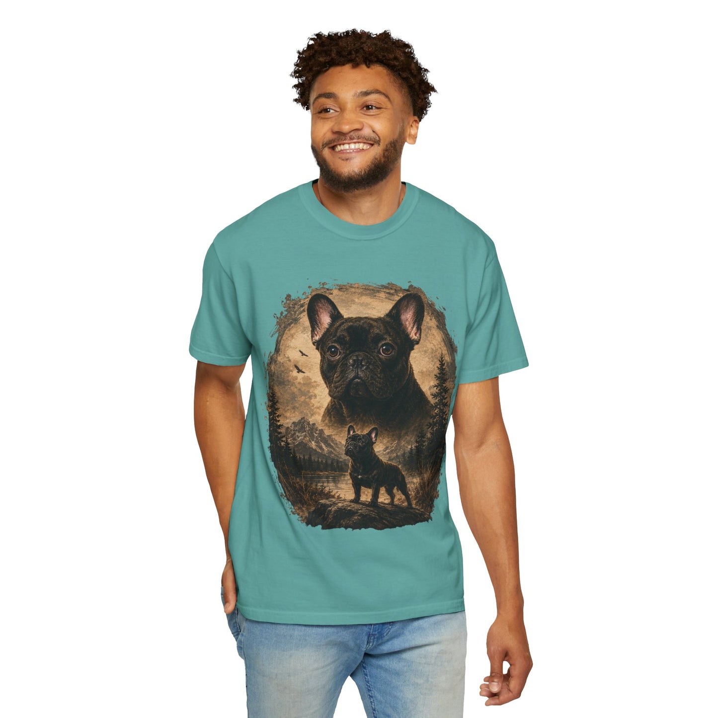 Black French Bulldog Shirt, Vintage Frenchie Nature Tee, Rustic French Bulldog Shirt, Dog Lover Gift, Frenchie Mountain Landscape Tee, Outdoors Dog Shirt, French Bulldog Art