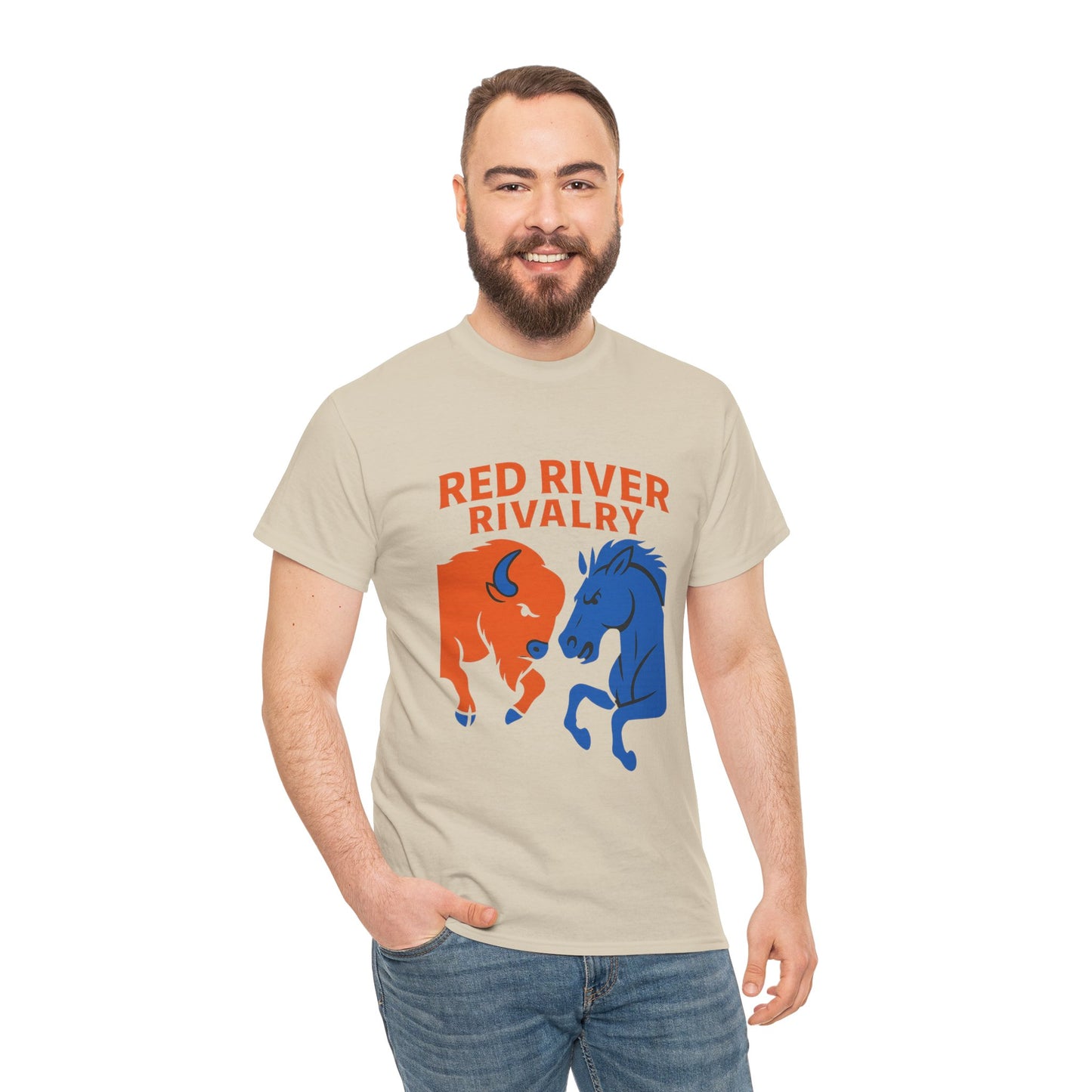 Red River Rivalry T-Shirt – Oklahoma vs Texas-Inspired Tee, Bison and Mustang Game Day Shirt, Blue and Orange Sports Rivalry Graphic