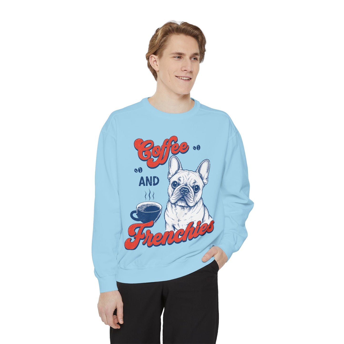 Coffee and Frenchies Sweatshirt, French Bulldog Coffee Crewneck, Frenchie Lover Pullover, Dog Mom Sweatshirt, Coffee Lover Gift, Cozy French Bulldog Sweatshirt