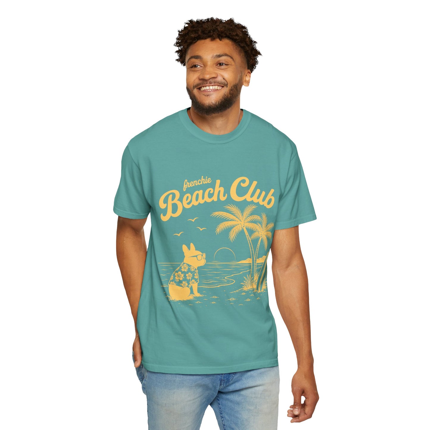 Frenchie Beach Club T-Shirt — Cute French Bulldog Surfing Palm Beach Tee