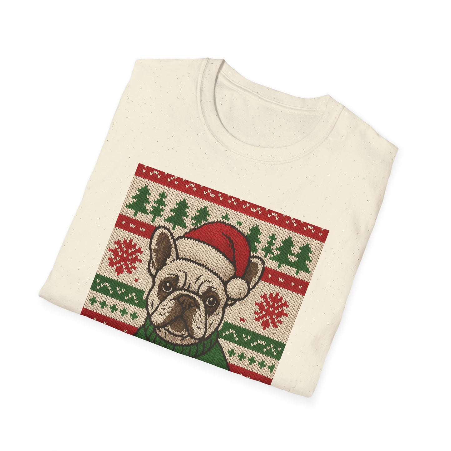 Frenchie Christmas T-Shirt – Cute French Bulldog Ugly Sweater Style Tee, Holiday Dog Lover Shirt, Funny Christmas Frenchie Gift