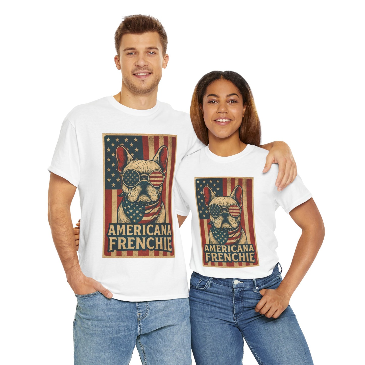 Americana Frenchie T-Shirt – Patriotic French Bulldog Tee, USA Flag Dog Shirt, 4th of July Frenchie Gift, Vintage Retro Style